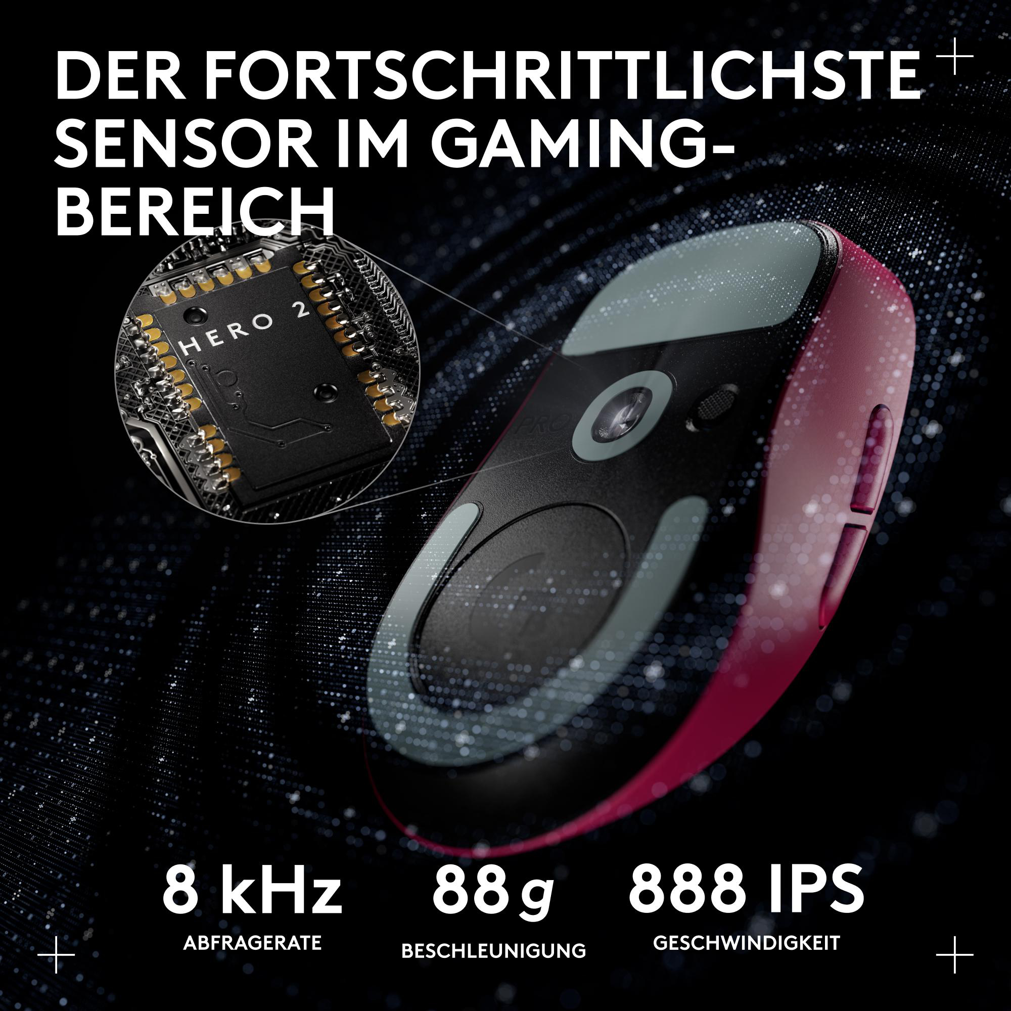 Gaming-Maus mit sichtbaren Sensordetails. Merkmale: 8 kHz, 88 g und 888 IPS. Die Maus ist schwarz mit rosa Akzenten.
