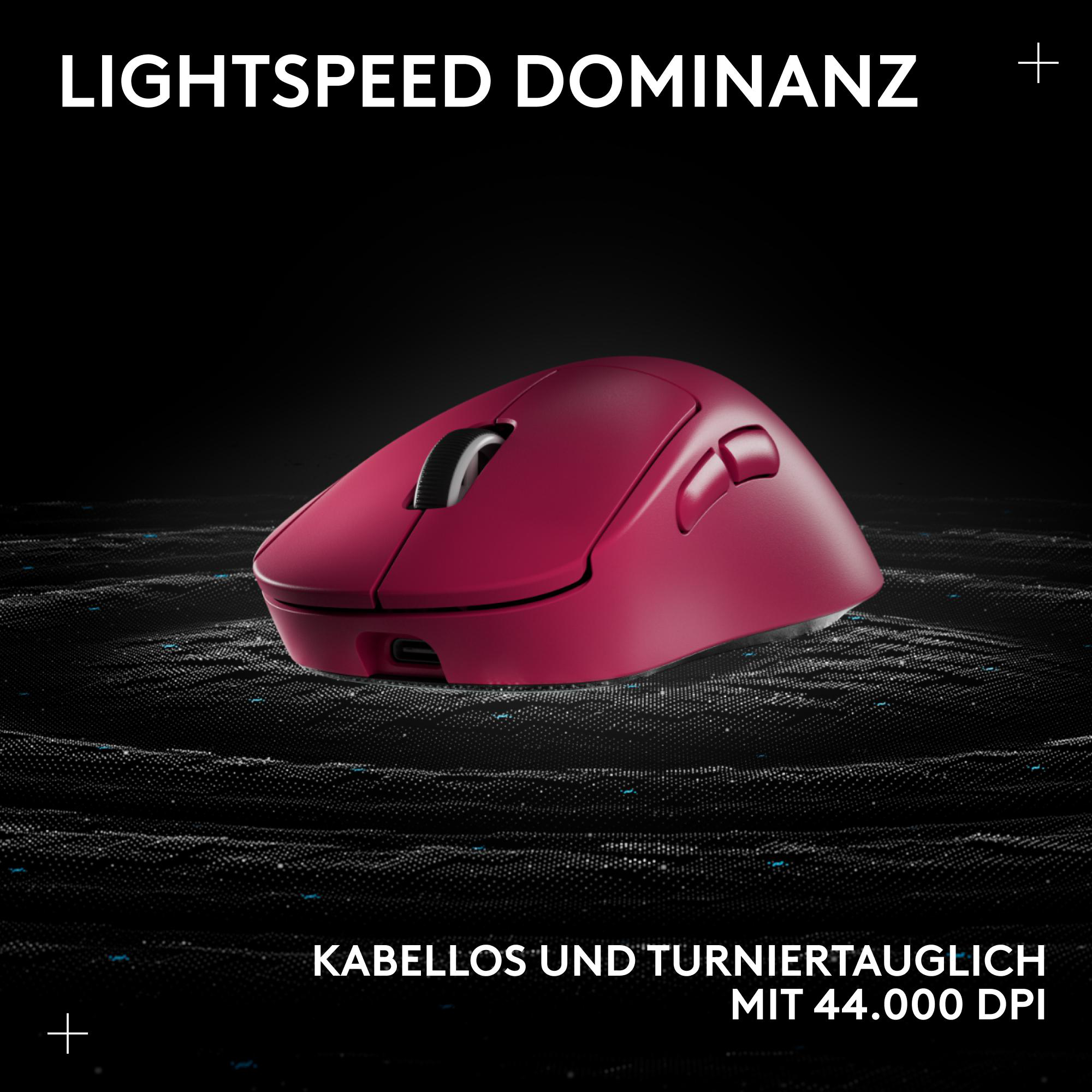 Eine weinrote kabellose Gaming-Maus auf strukturierter schwarzer Oberfläche. Text: 'LIGHTSPEED DOMINANZ' und 'KABELLOS UND TURNIERTAUGLICH'.