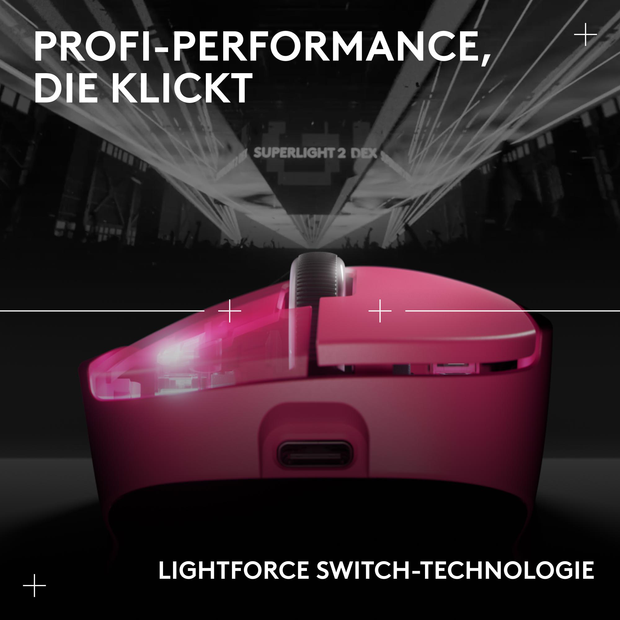 Rosa Gaming-Maus mit Text PROFI-PERFORMANCE, DIE KLICKT und LIGHTFORCE SWITCH-TECHNOLOGIE.