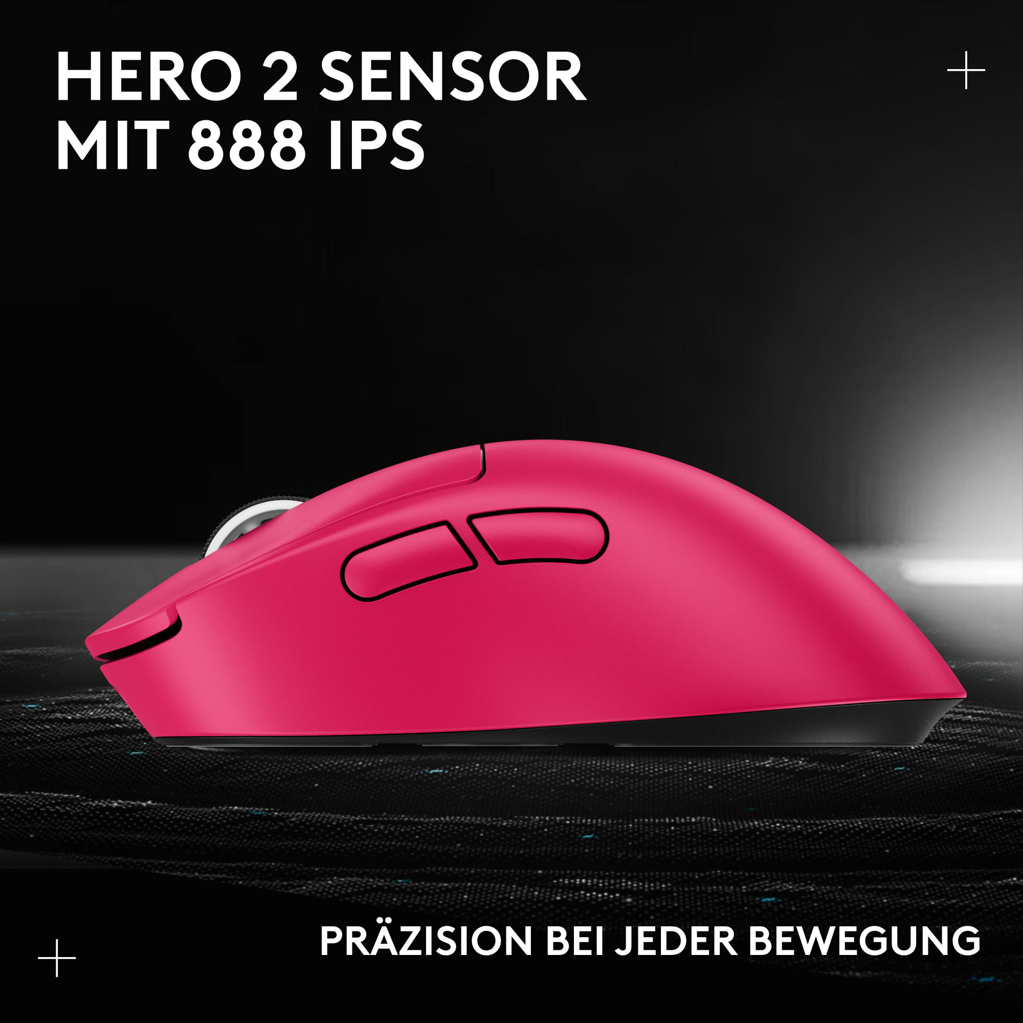 Eine pinkfarbene Computermaus auf dunklem Hintergrund, mit Text oben und unten.