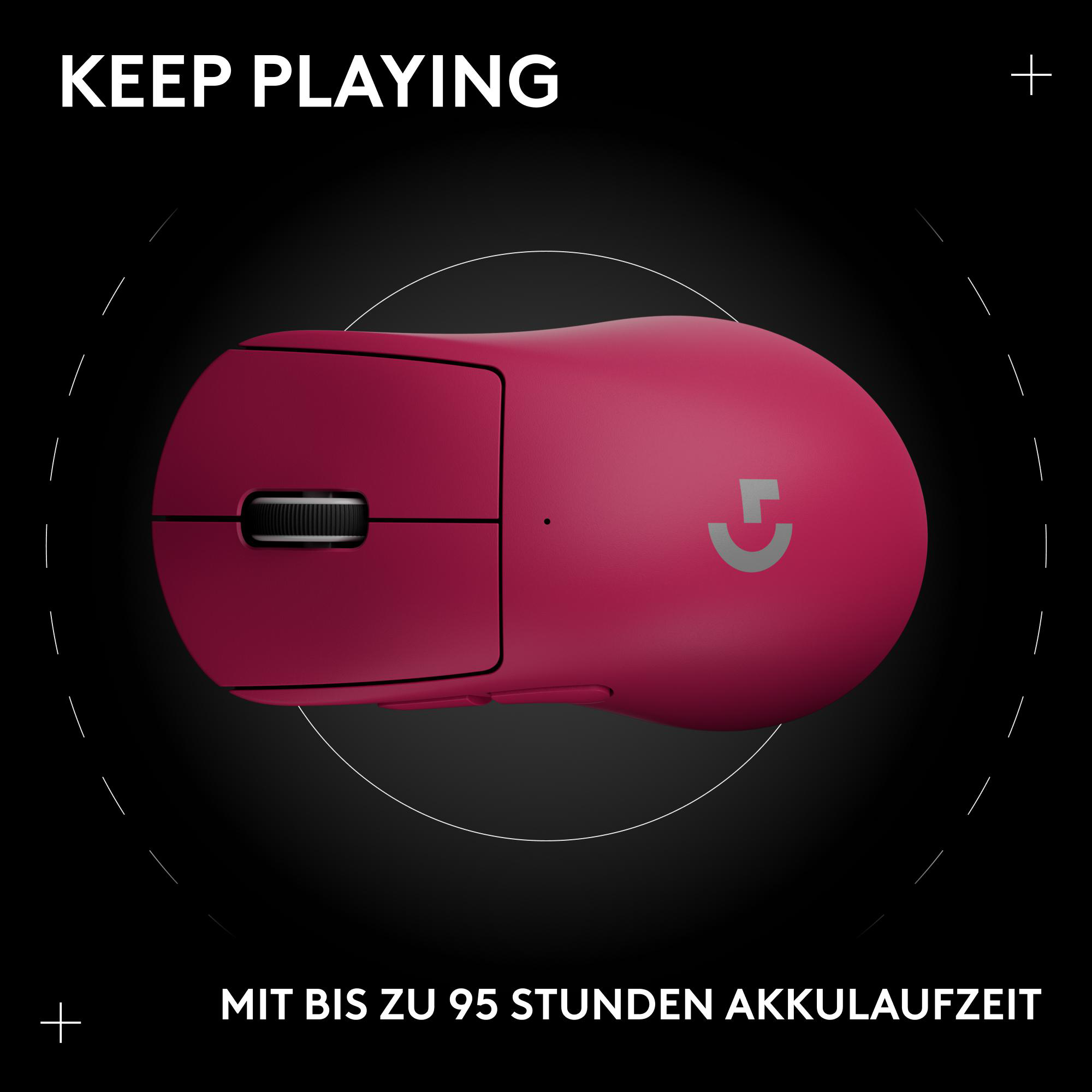 Rote Logitech Gaming-Maus auf schwarzem Hintergrund. Text: 'Keep Playing' und 'Bis zu 95 Stunden Akkulaufzeit'.