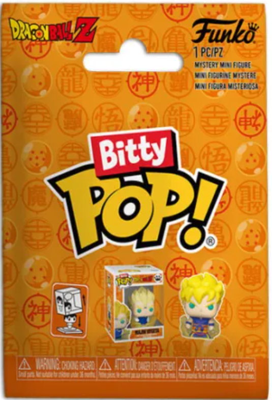 Eine Funko Bitty Pop-Verpackung. Sie hat ein Dragon Ball Z-Thema mit einer Figur von Majin Vegeta. Der Hintergrund ist orange.