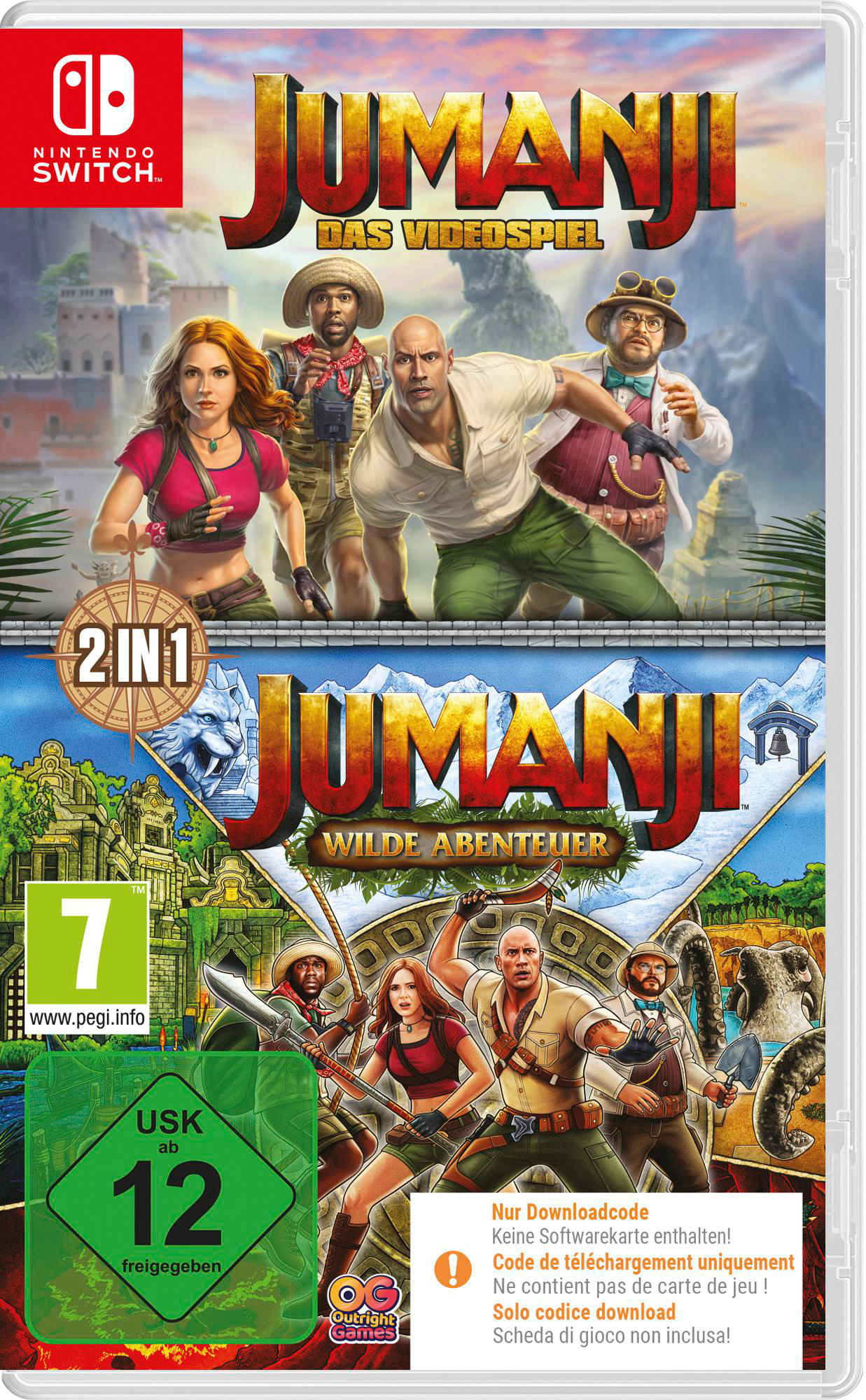 Jumanji-Videospiel-Cover. Charaktere in Action vor Dschungel-Hintergrund. Titel in großen Buchstaben.