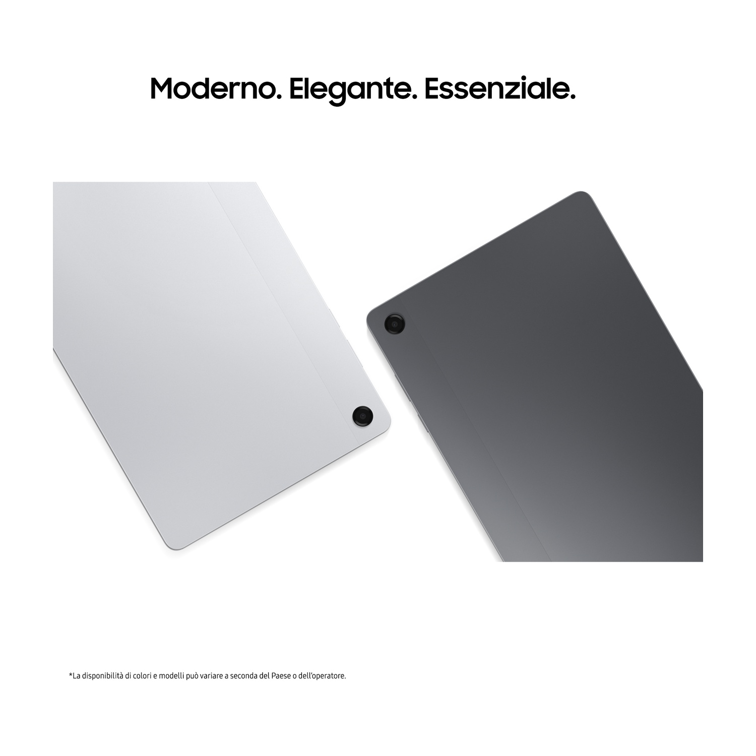 L'immagine mostra due tablet, uno argentato e uno grigio, su sfondo bianco. Il testo in alto recita: 'Moderno. Elegante. Essenziale'.