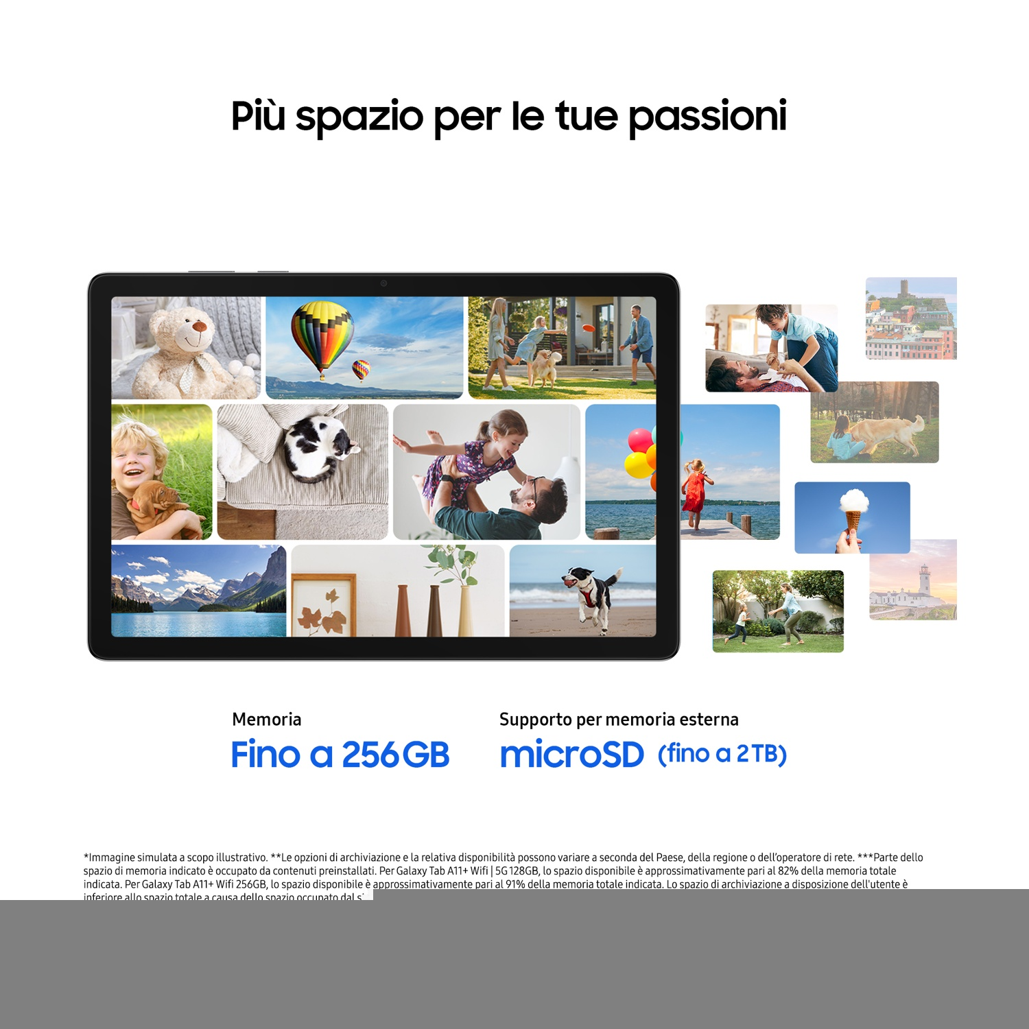 Tablet che mostra varie immagini di lifestyle. Il testo promuove la capacità di archiviazione: fino a 256 GB di memoria e microSD fino a 2 TB.