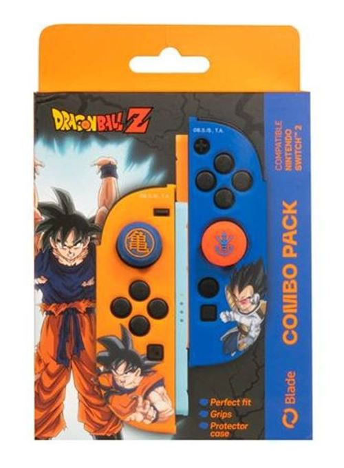 Combo pack de mando Nintendo Switch de Dragon Ball Z. Diseño naranja y azul con personajes. Incluye ajuste perfecto, agarres y funda protectora.