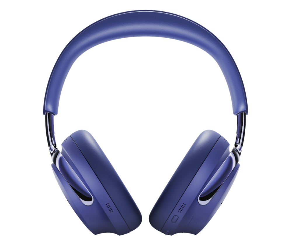 Auriculares supraaurales en azul marino, con diadema acolchada y orejeras. Brazos de metal plateado conectan las orejeras a la diadema.