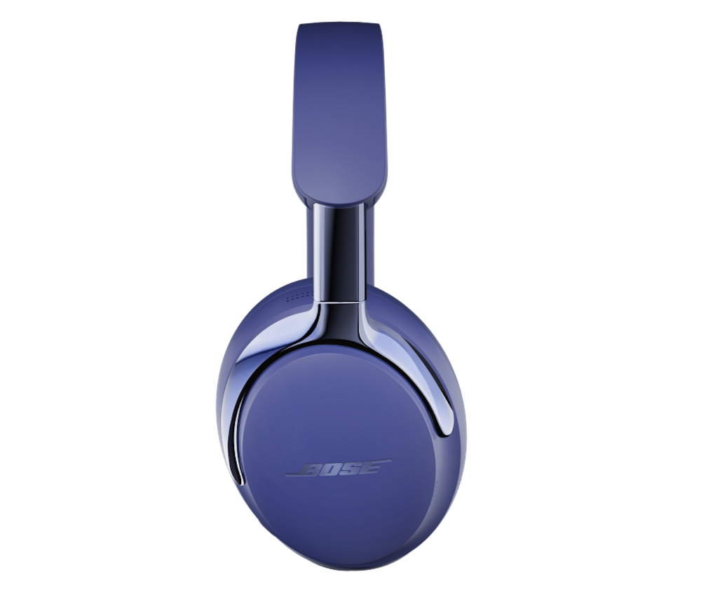 Auriculares Bose azules. Los auriculares están sobre fondo blanco, los auriculares son ovalados y la diadema está arqueada.