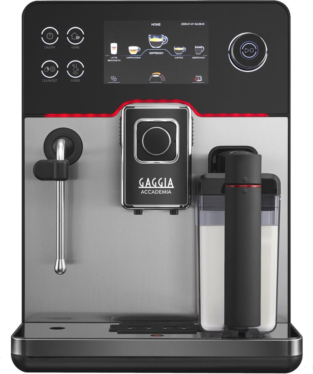 Egy Gaggia Accademia eszpresszógép. Érintőképernyővel, tejtartállyal és különböző kávébeállítás gombokkal rendelkezik.