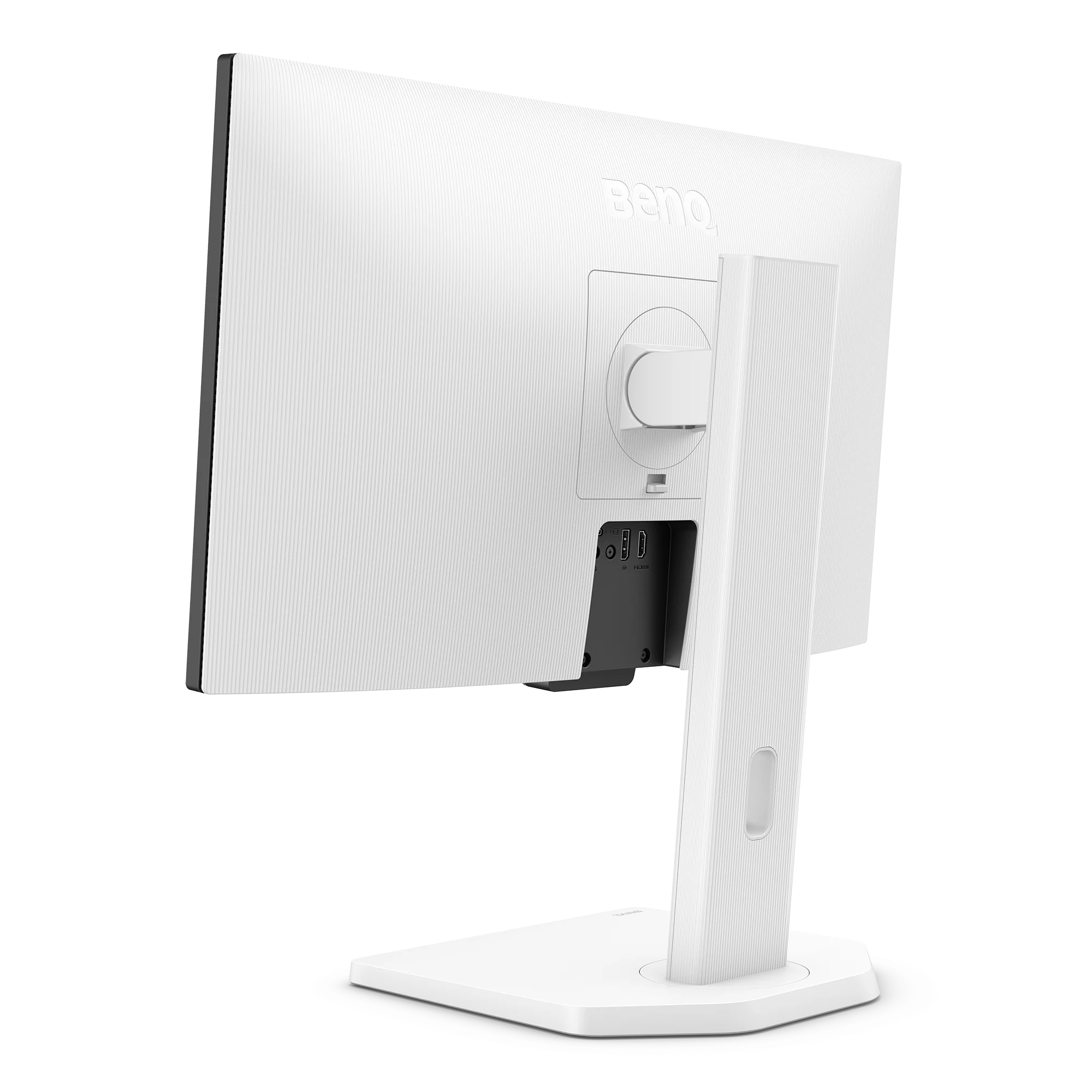 Rückansicht eines weißen BenQ-Monitors. Anschlüsse, Ständer und Markenlogo sichtbar. Der Monitor steht auf weißem Untergrund.
