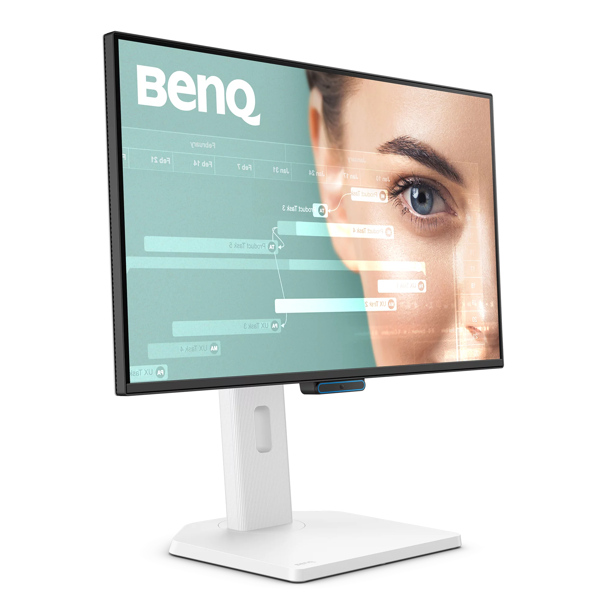 Ein BenQ-Monitor zeigt ein Frauenauge mit Datenüberlagerungen. Er hat einen weißen Ständer und einen schwarzen Rahmen. Der Hintergrund ist türkis.