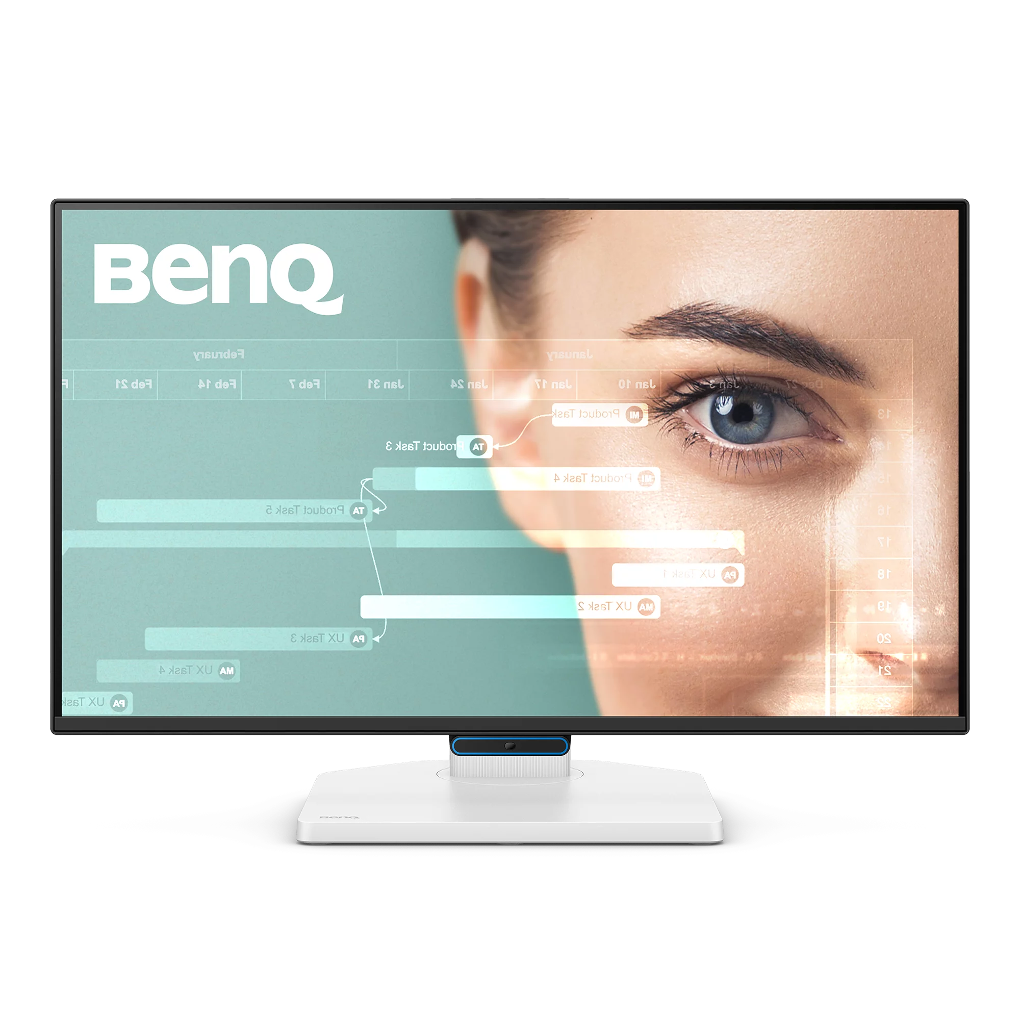 Ein BenQ-Monitor zeigt ein Auge einer Frau mit Datenvisualisierungs-Overlay. Der Monitor hat einen weißen Fuß.