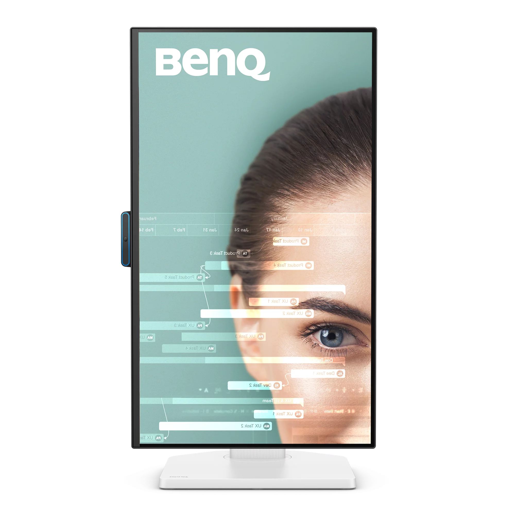 Ein BenQ-Monitor zeigt eine Gesichtsüberlagerung von UI-Elementen. Der Monitor steht auf einem weißen Ständer. An der Seite befindet sich ein blauer Anschluss.