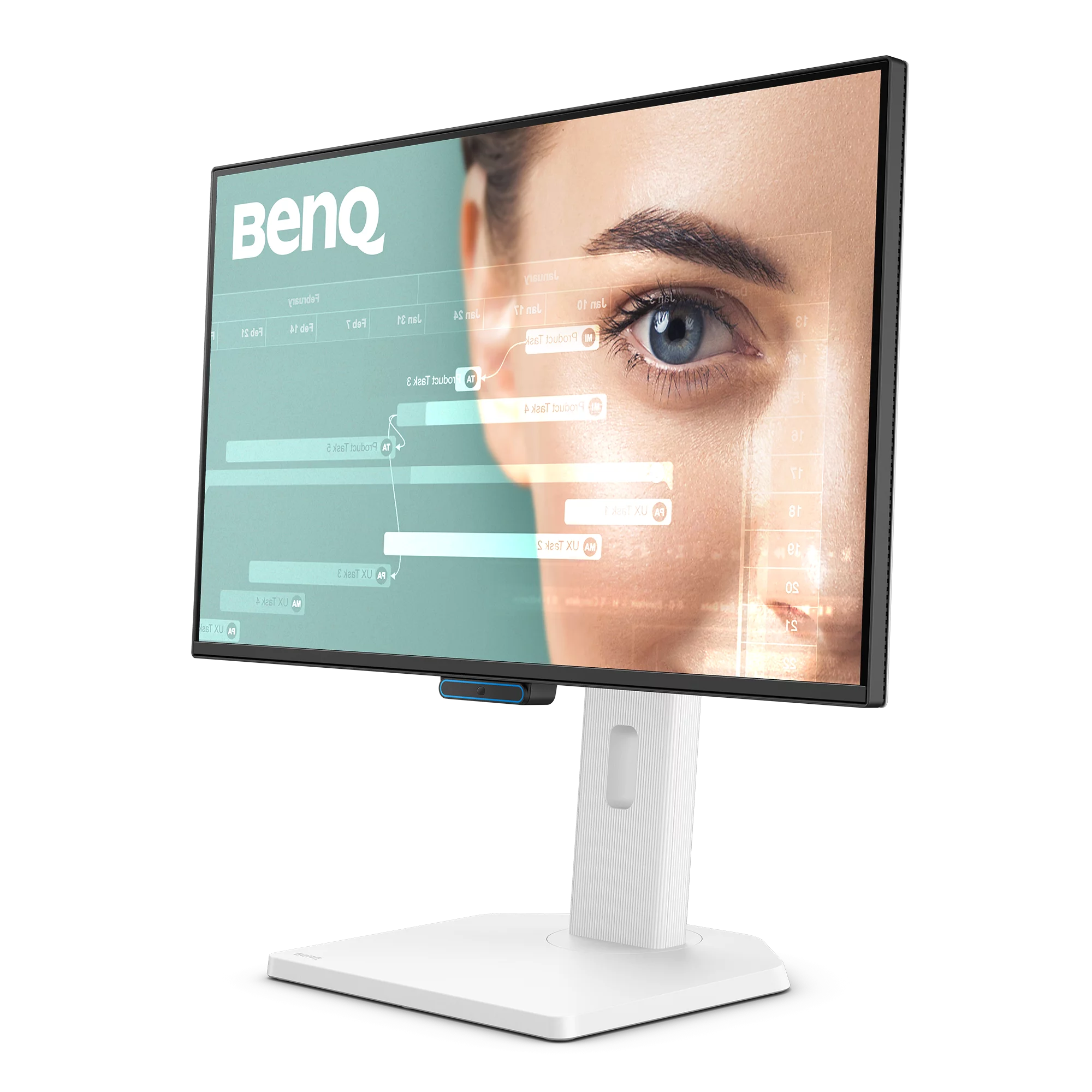 Ein BenQ-Monitor zeigt ein Auge mit grafischer Überlagerung. Bildschirm und Ständer sind weiß und schwarz.