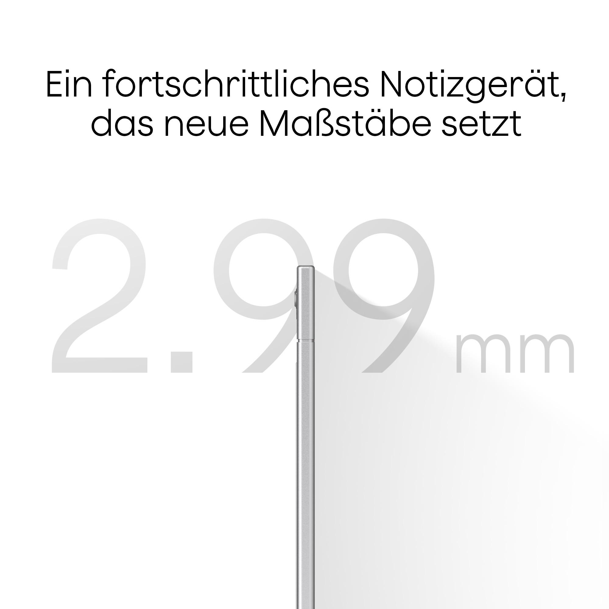 Bild mit Text: Fortschrittliches Notizgerät. Die Zahl 2,99 mm wird angezeigt, und ein silbernes Gerät erscheint.