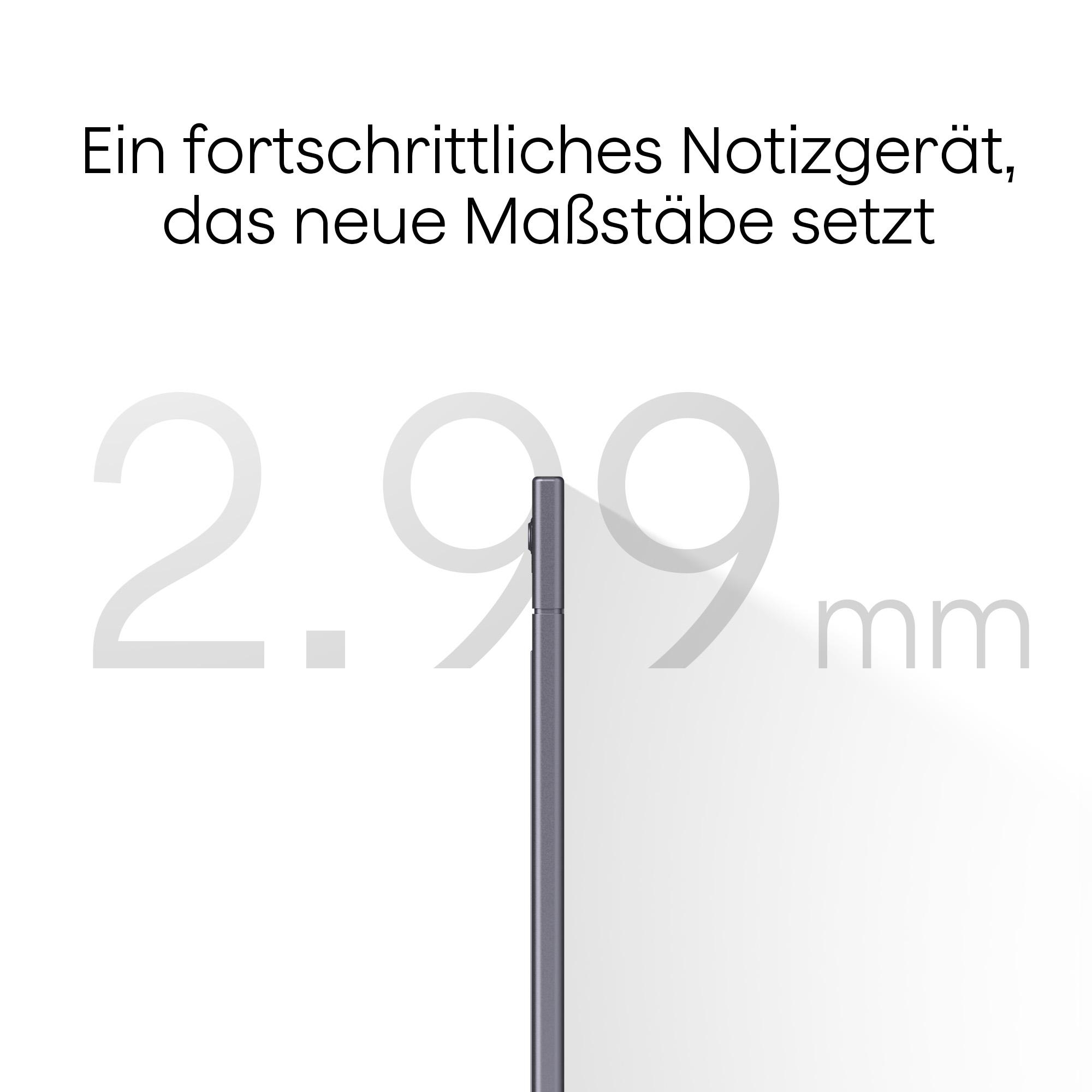 Das Bild zeigt ein Gerät mit 2,99 mm. Der Text lautet: „Ein fortschrittliches Notizgerät, das neue Maßstäbe setzt“.