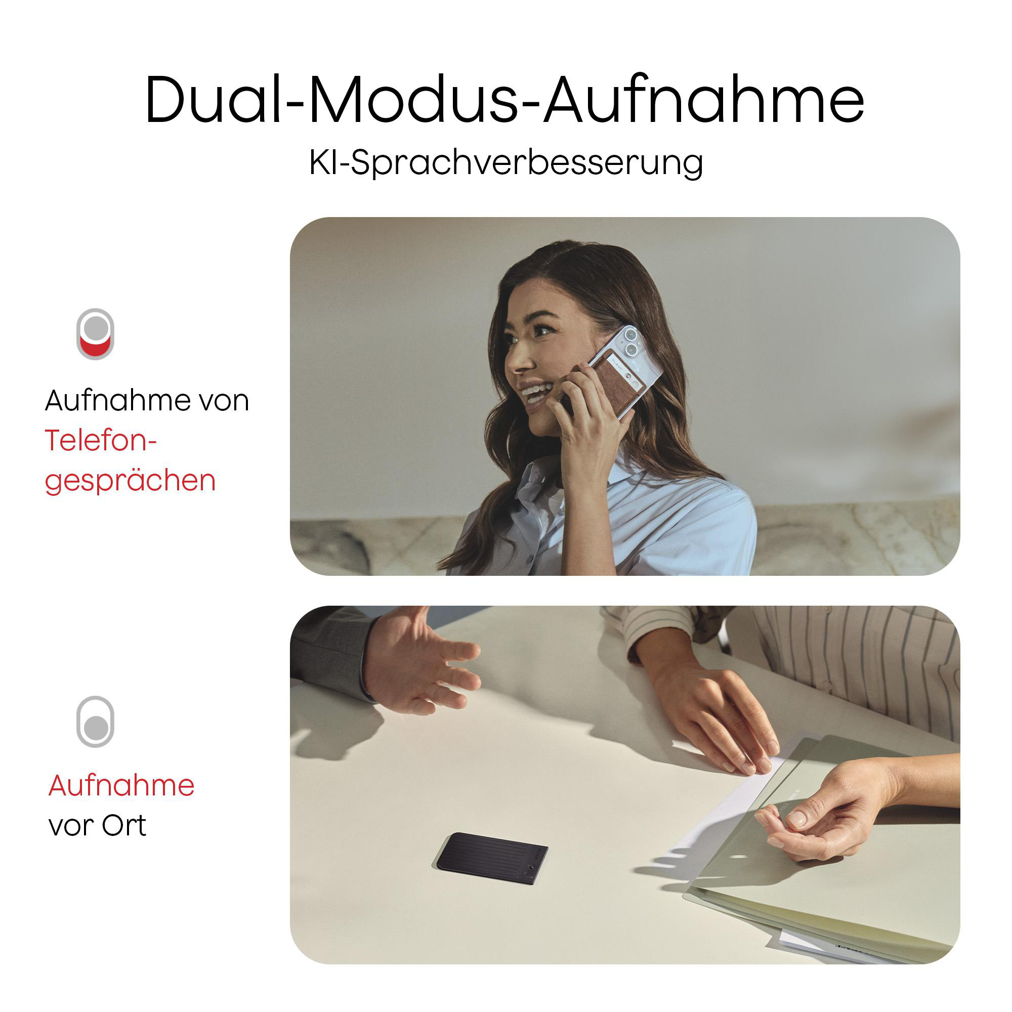 Das Bild zeigt ein Telefongespräch und eine Besprechungsszene mit deutschem Text.