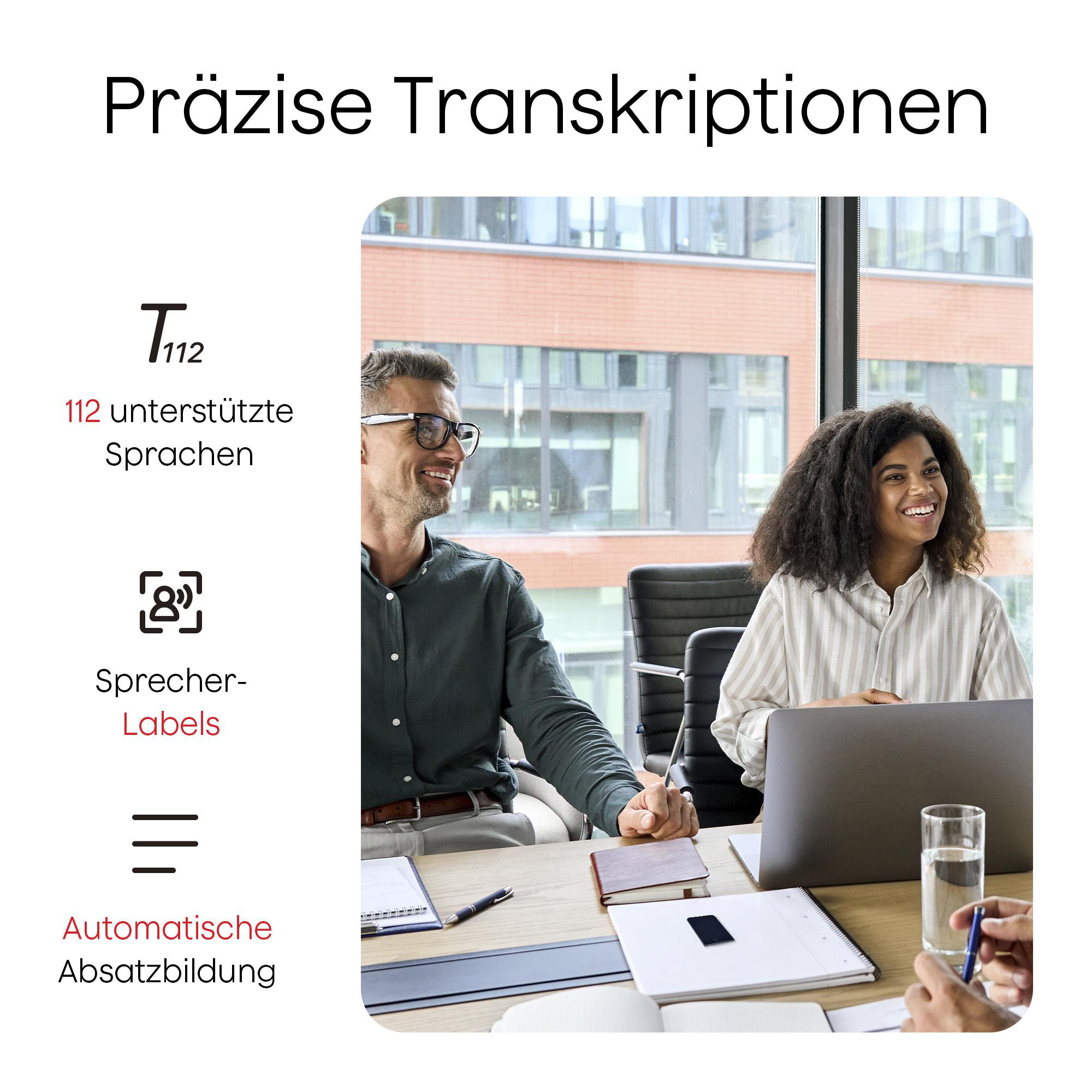 Geschäftstreffen mit verschiedenen Personen.  Eine Person benutzt einen Laptop.  Im Hintergrund ist ein modernes Büro zu sehen.