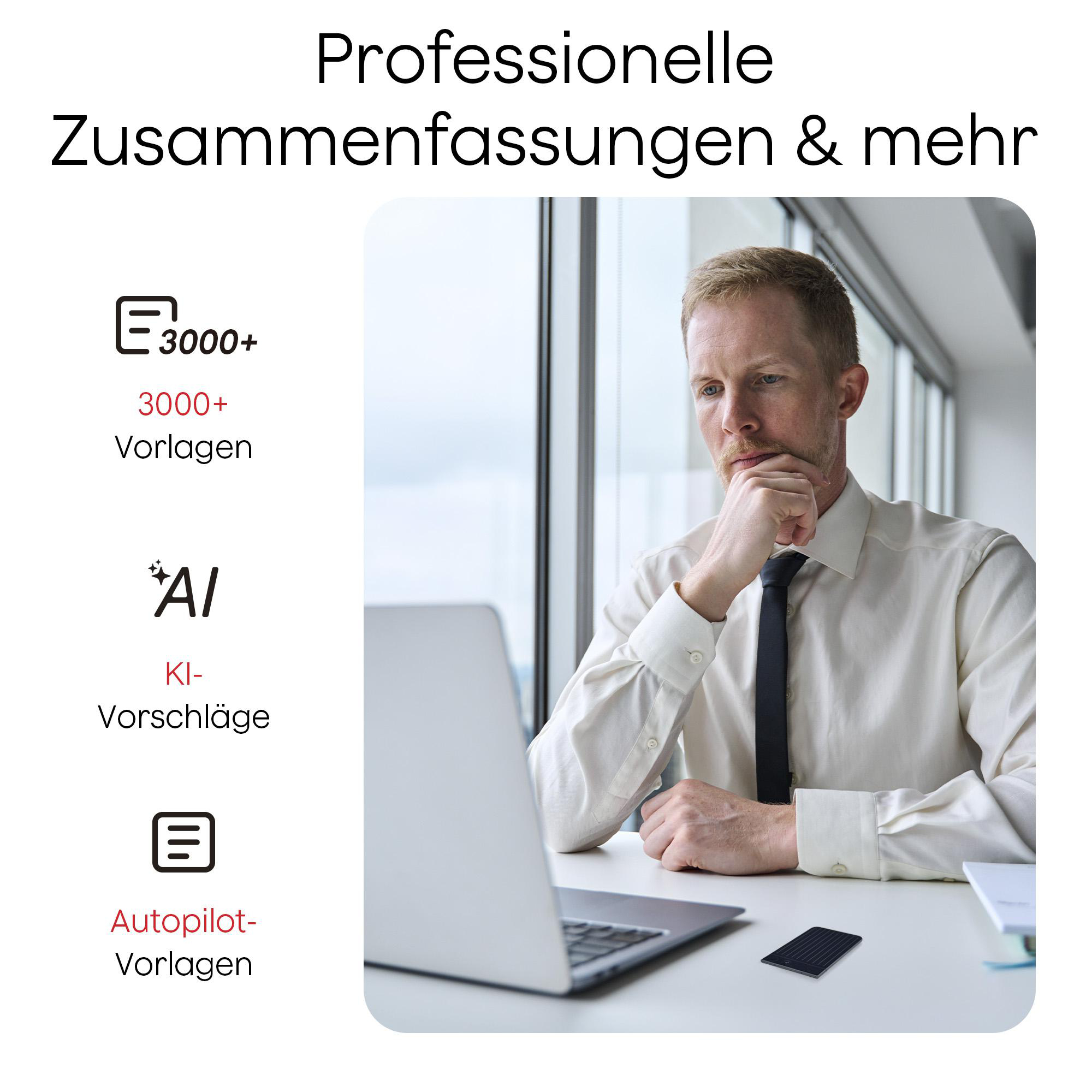 Ein Mann in weißem Hemd und schwarzer Krawatte schaut auf einen Laptop. Symbole für Vorlagen, KI und Autopilot sind sichtbar.