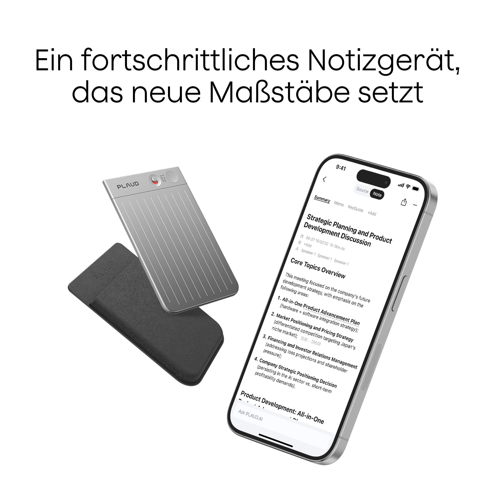 Das Bild zeigt einen Notizblock, eine Hülle und ein iPhone, das Notizen anzeigt. Text oben auf Deutsch.