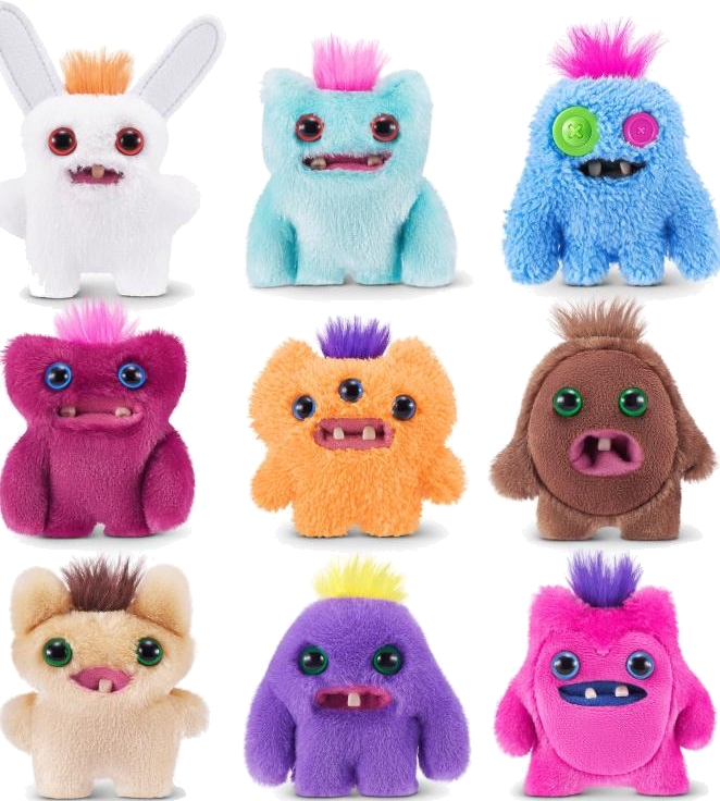 Neun farbenfrohe Plüschmonster mit unterschiedlichen Farben, Augen und Haaren. Einige haben mehrere Augen oder Zähne. Sie sind in drei Reihen angeordnet.