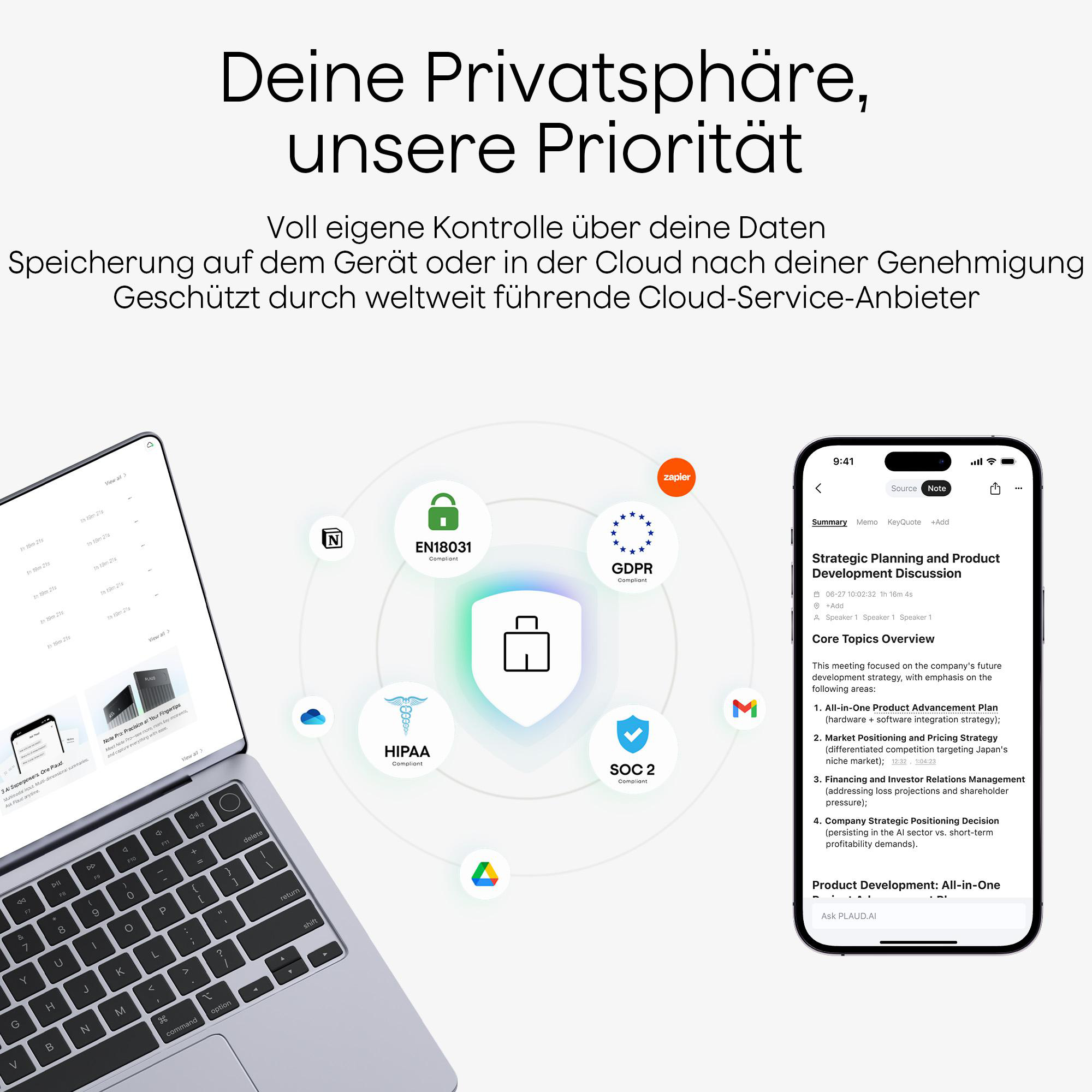 Laptop, Telefon und Icons zu Datenschutz und Sicherheit, mit deutschem Text zum Datenschutz.