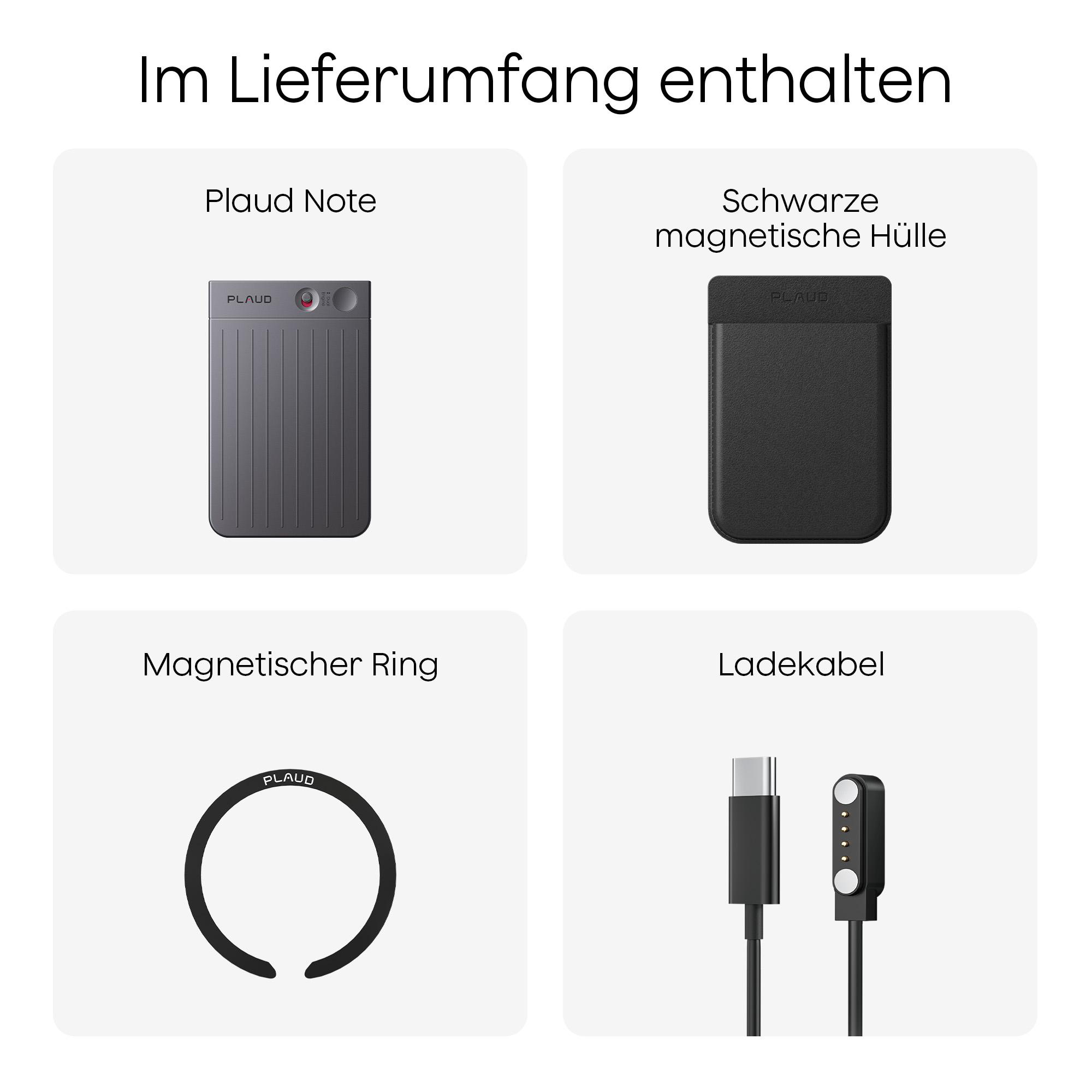 Das Bild zeigt eine Plaud Note, eine schwarze Magnet-Hülle, einen Magnetring und ein Ladekabel. Alle Produkte sind beschriftet.