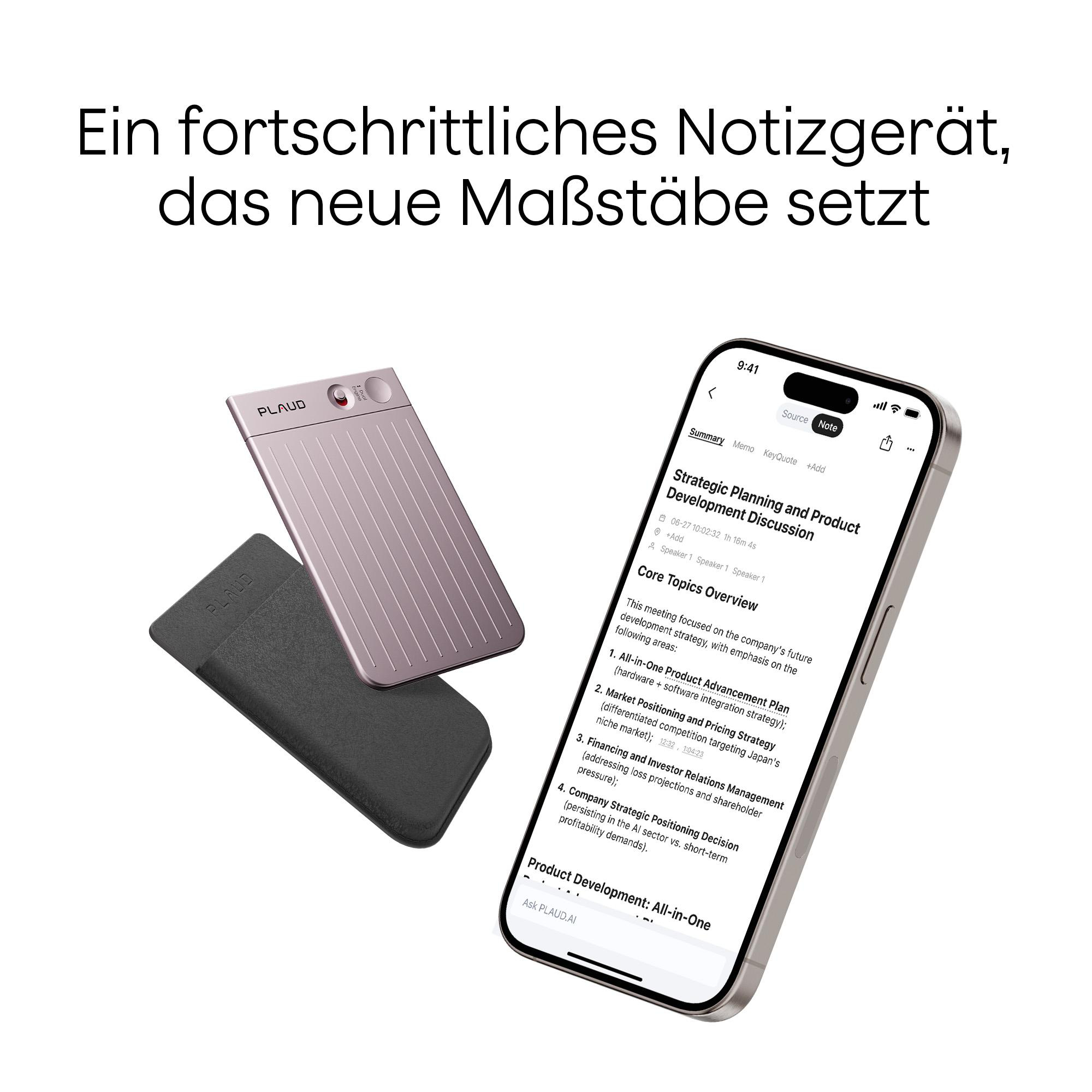 Das Bild zeigt ein Notizgerät, ein Telefon mit Besprechungsnotizen und Text auf Deutsch.