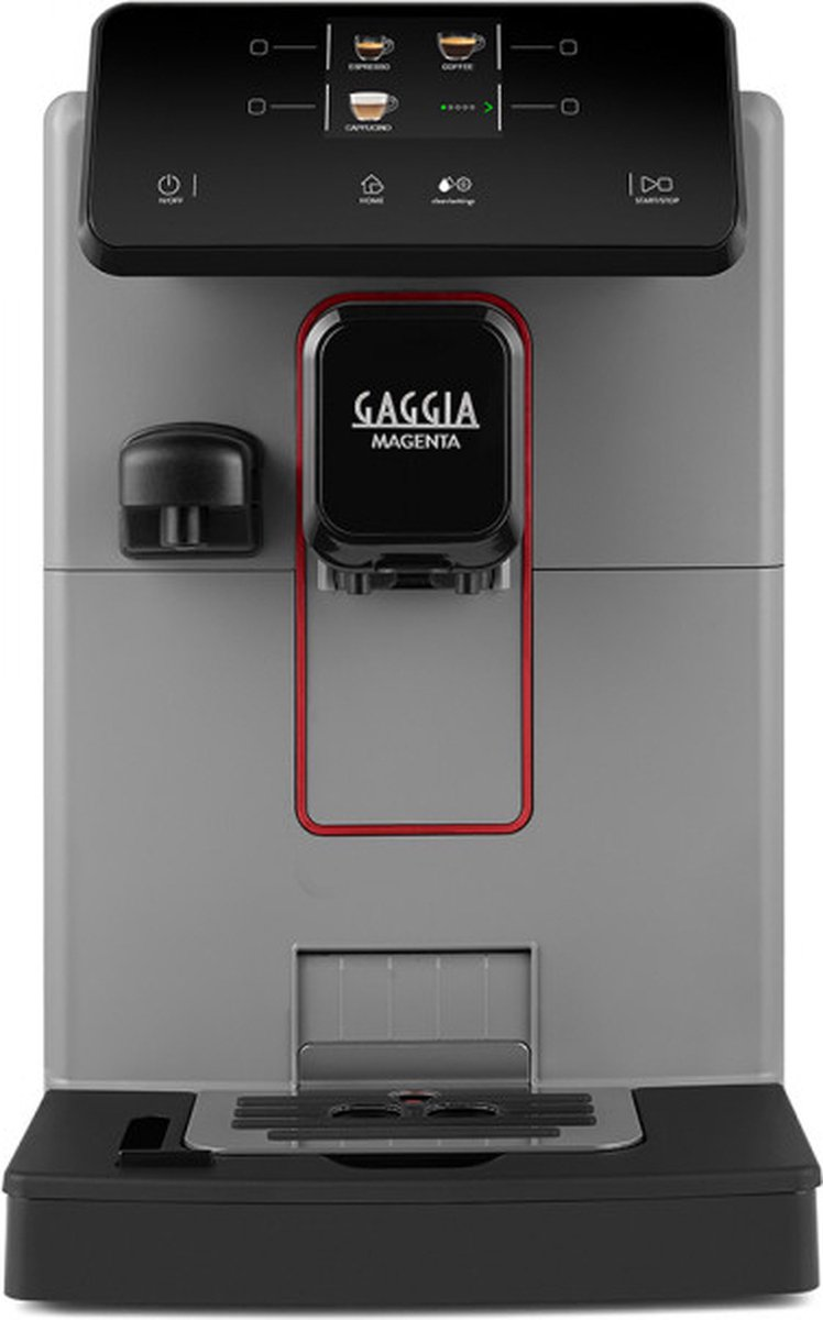 Egy Gaggia Magenta kávéfőző. Szürke test, fekete előlappal és gombokkal. Piros körvonal a logó körül.