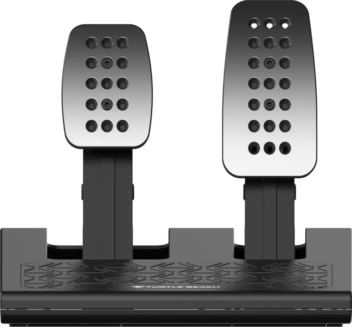 Gaming-Pedale mit Metall-Finish. Zwei Pedale stehen auf schwarzem Sockel. Jedes Pedal hat mehrere Löcher für Grip.