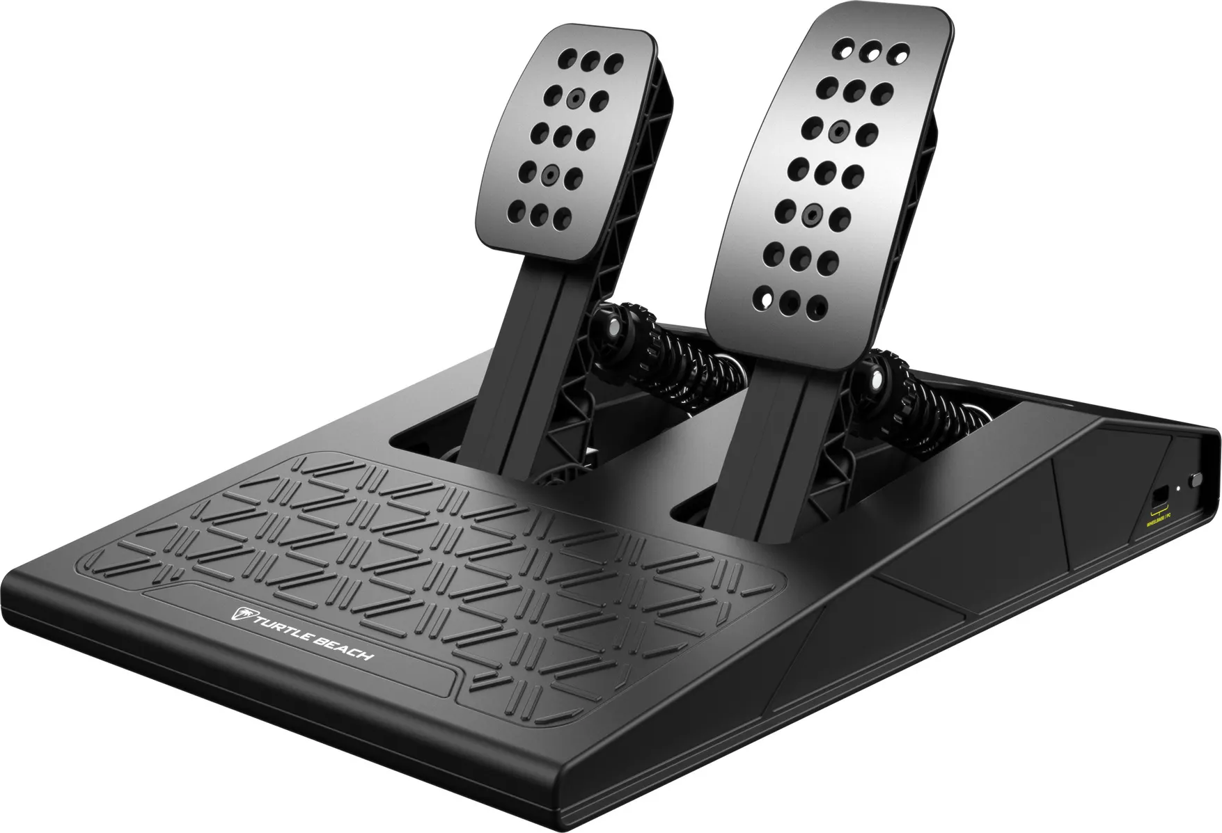 Ein schwarzes Turtle Beach Rennpedal-Set. Zwei silberne Pedale mit Löchern und Federn auf einer strukturierten schwarzen Basis.