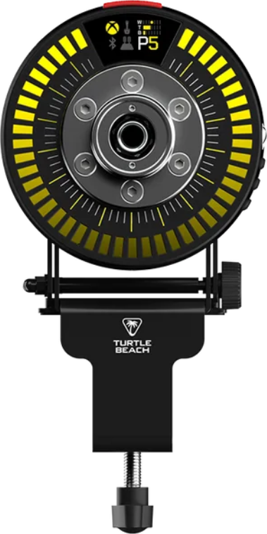 Schwarzes und gelbes Turtle Beach-Gaming-Gerät. Es hat ein kreisförmiges Display mit Anzeigen und eine klammerartige Basis.