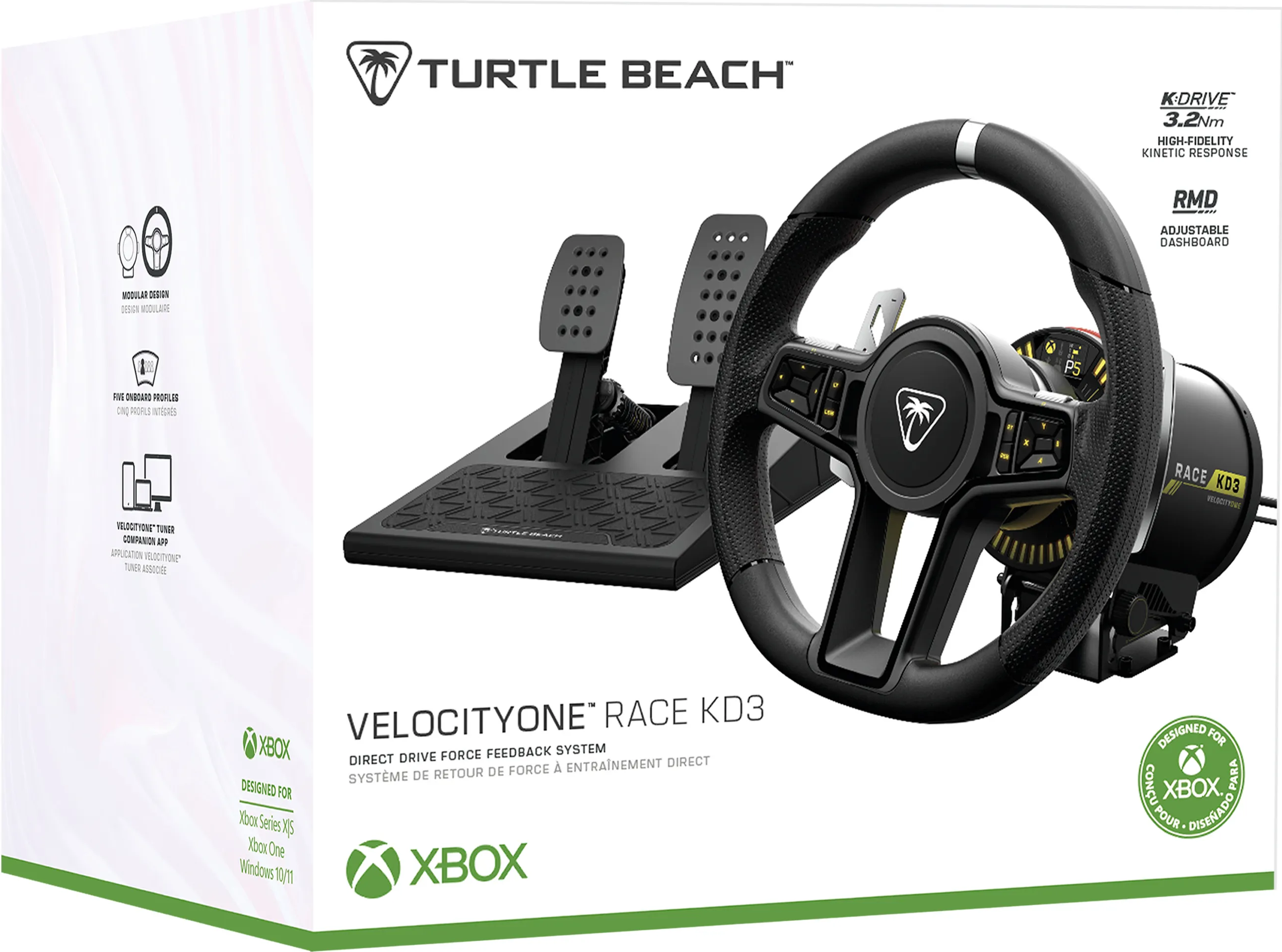 Verpacktes Rennlenkrad-Set, schwarz und grau, mit Pedalen, für Xbox. Mit dem Turtle Beach Logo.