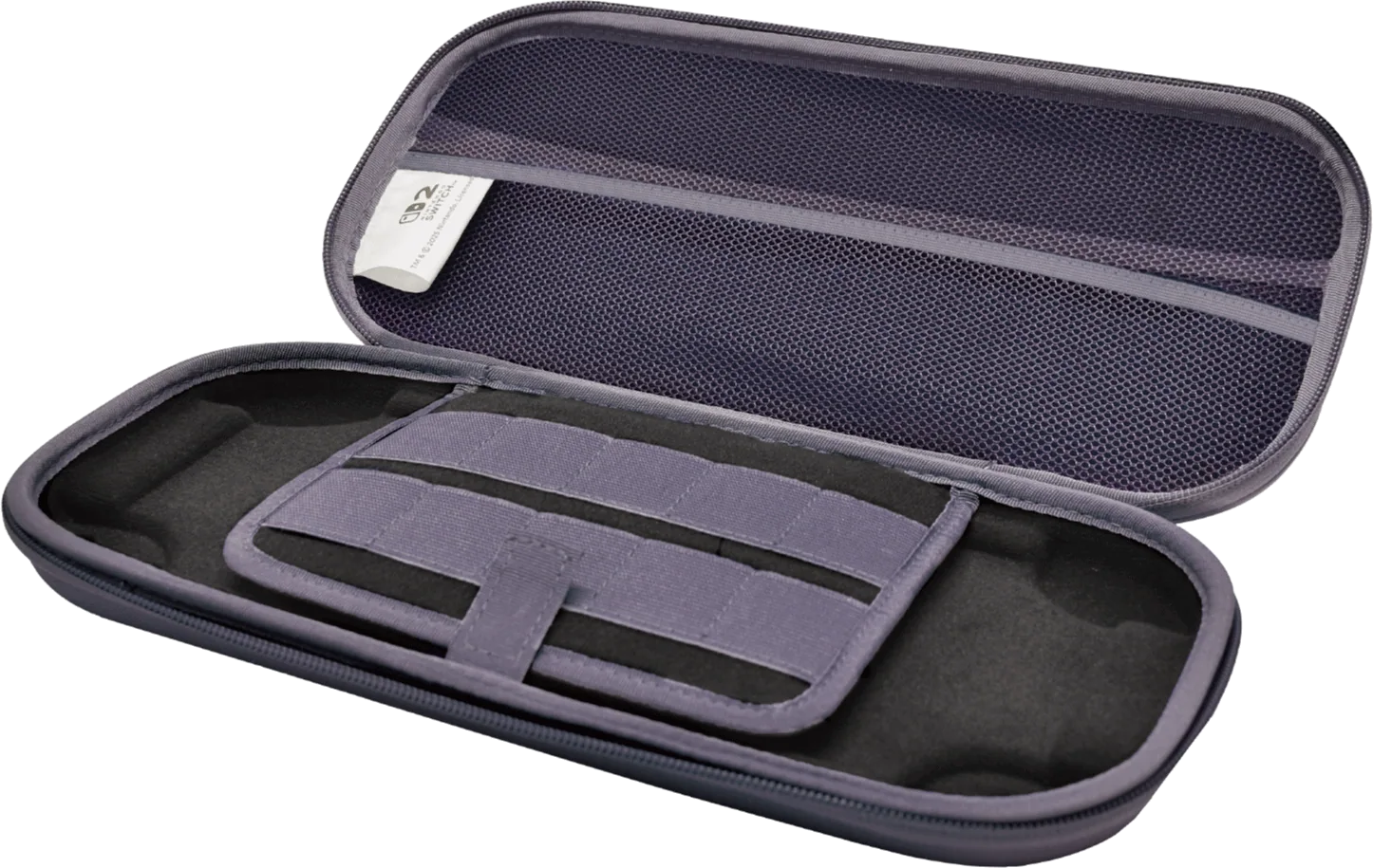 Offene graue Nintendo Switch-Hülle. Innen: Netztasche und elastische Bänder. Die Hülle ist auf schwarzem Hintergrund geöffnet.