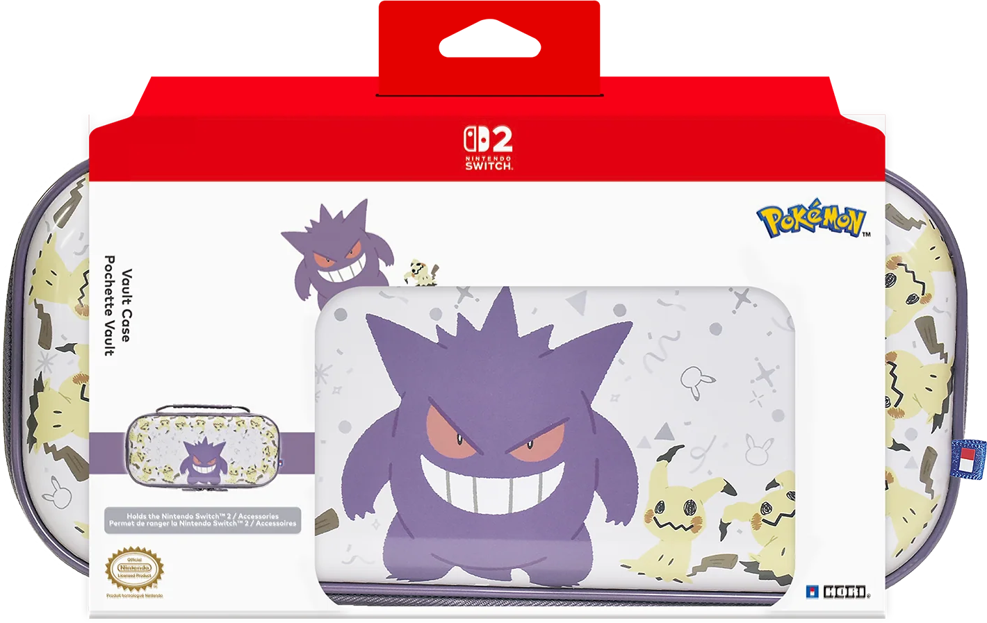 Ein Pokemon Nintendo Switch-Etui. Es zeigt Gengar und Mimikyu. Die Box ist rot und weiß, mit dem Nintendo Switch-Logo.