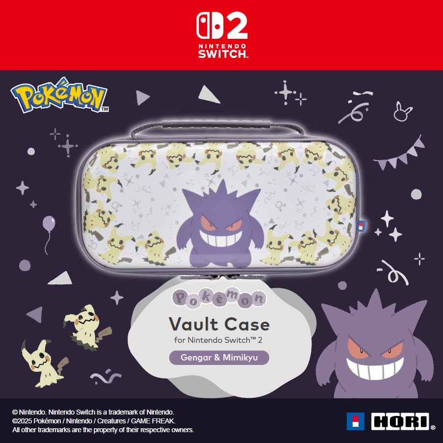 Eine Nintendo Switch-Hülle mit Gengar und Mimikyu. Die Hülle hat einen weißen Hintergrund mit gelben Mimikyu- und Gengar-Grafiken.
