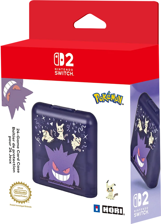 Eine Nintendo Switch-Spielkartenhülle mit Pokémon-Designs. Sie ist lila mit einer roten Box. Enthält Gengar- und Mimikyu-Charaktere.