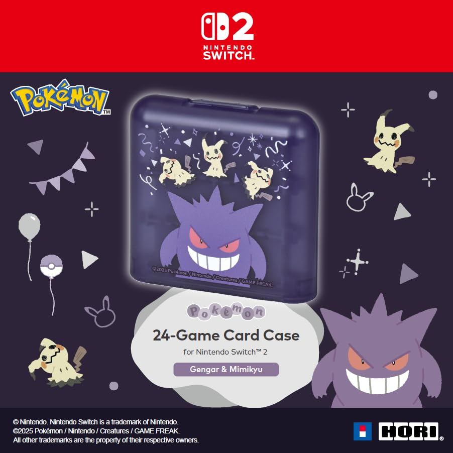 Eine lila Hülle mit Gengar und Mimikyu. Text: 'Pokemon 24-Game Card Case für Nintendo Switch' mit Nintendo Switch Logo.