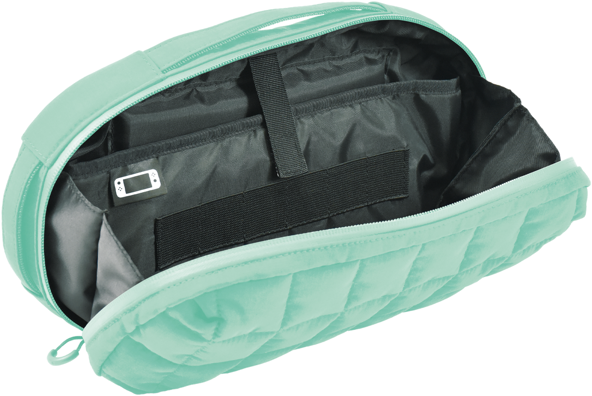 Sac matelassé ouvert de couleur menthe avec intérieur noir. Contient des compartiments, des sangles et une petite icône d'appareil. Fermeture zippée.