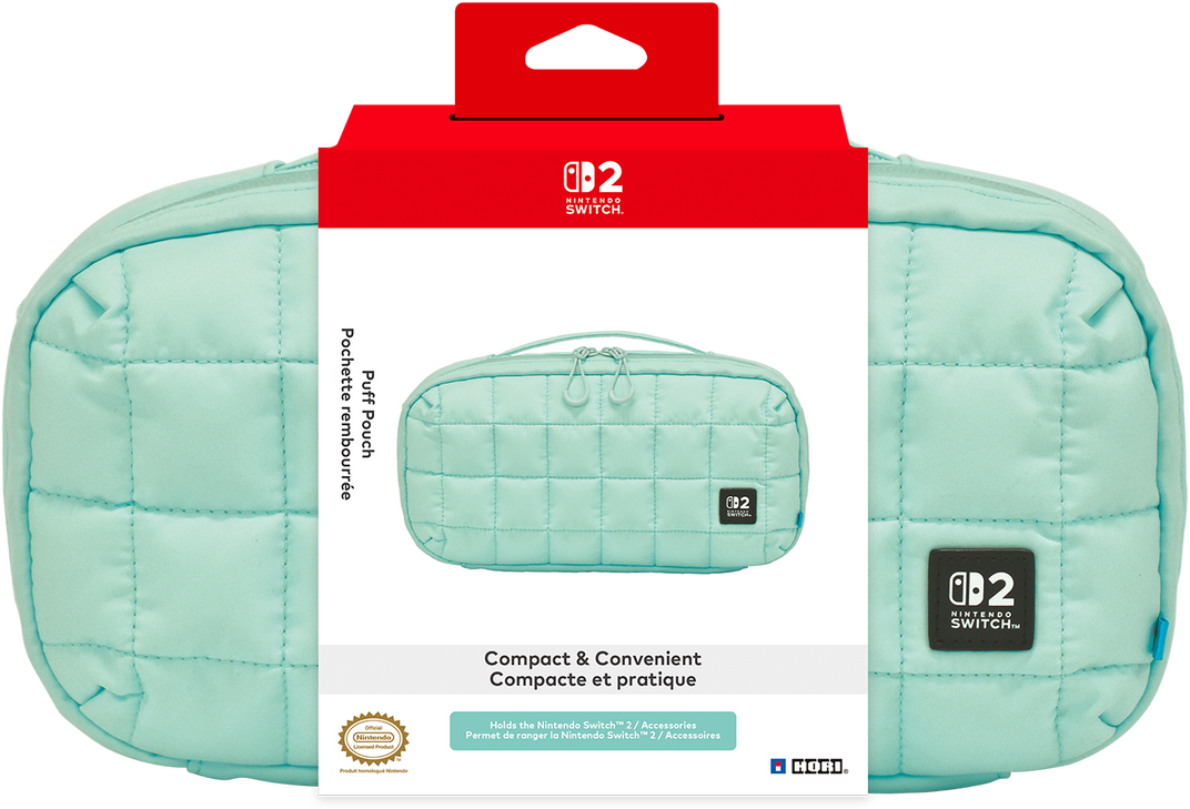 Une pochette Nintendo Switch matelassée vert menthe. Elle a un dessus rouge et une étiquette blanche avec le logo Nintendo Switch.