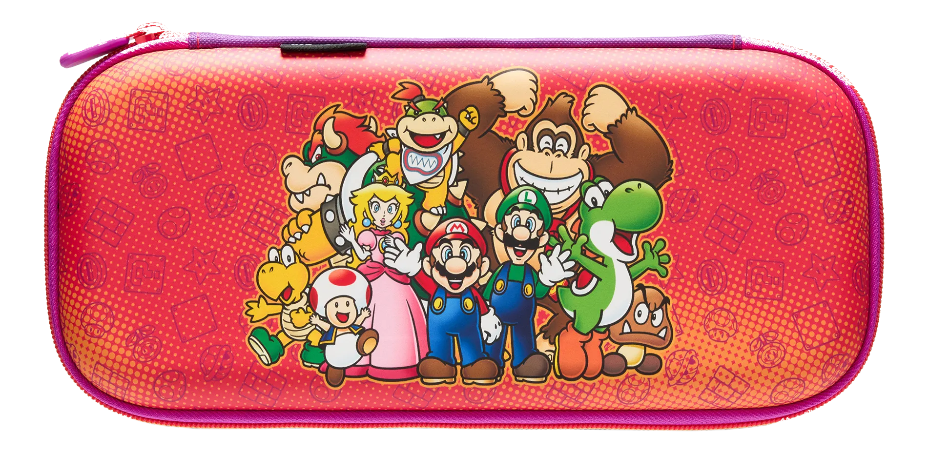 Eine rote Hülle mit Reißverschluss, die Mario-Charaktere wie Mario, Luigi, Peach, Yoshi und Bowser zeigt.