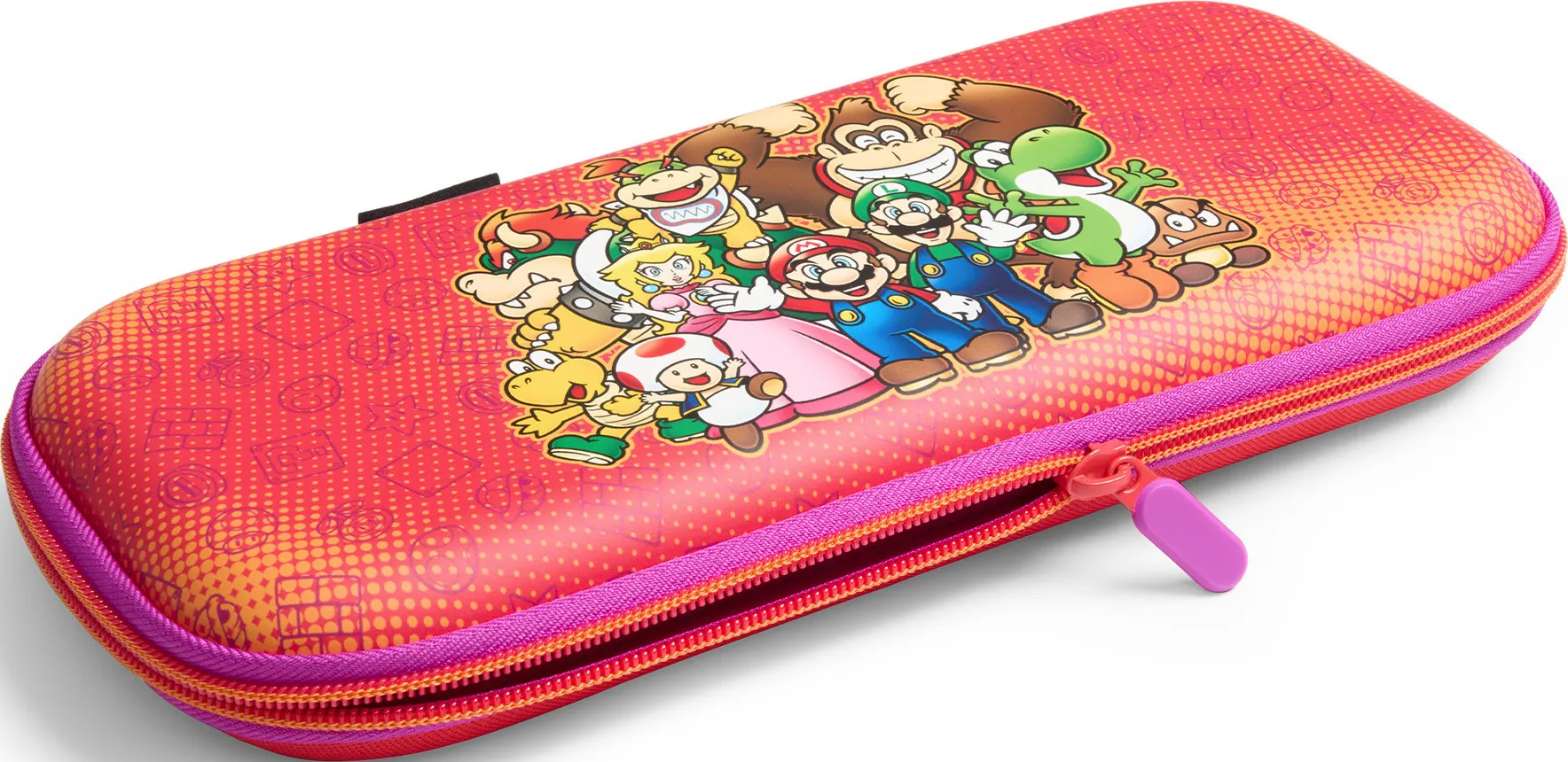 Eine rote Hülle mit Reißverschluss und Mario-Charakteren wie Mario, Luigi, Peach und Yoshi.