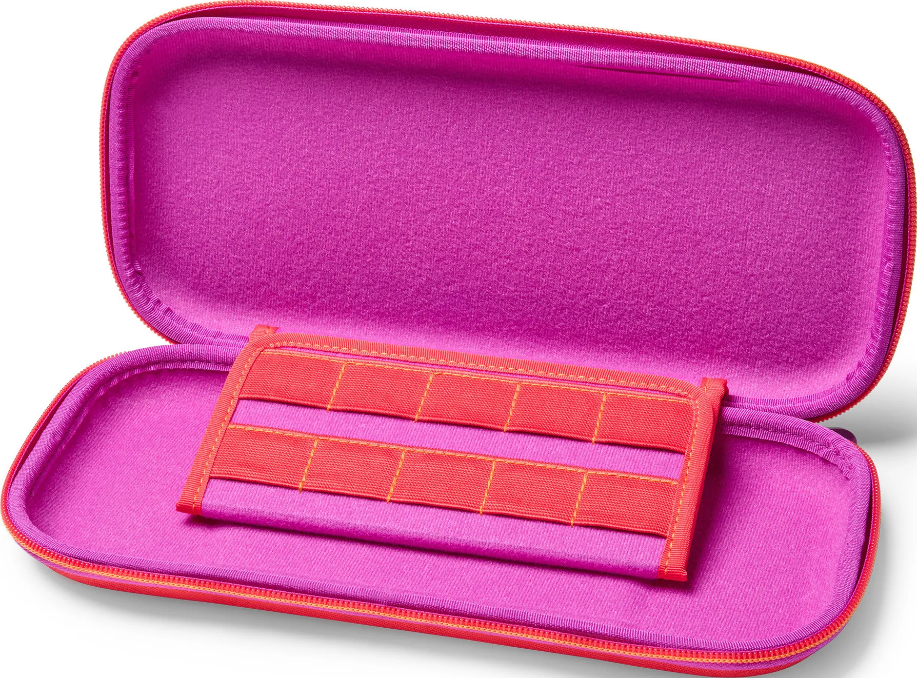 Offener pinkfarbener Federmäppchen mit roten Akzenten. Im Inneren befinden sich pinkfarbener Stoff und rote elastische Halter.