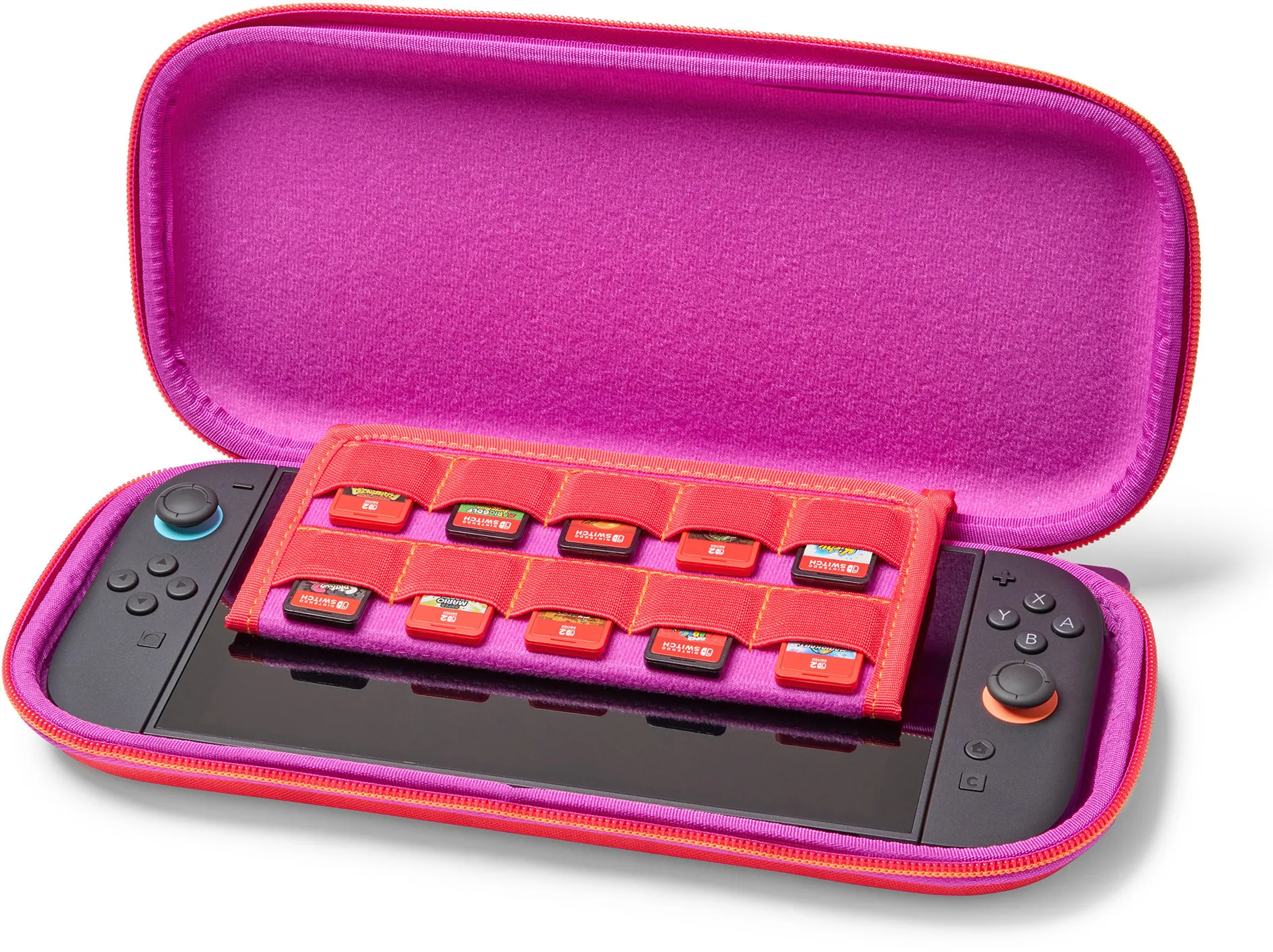 Offene rosa Spielhülle mit Switch. Rote Spielkassetten werden von einem roten Band gehalten. Die Hülle ist geöffnet.