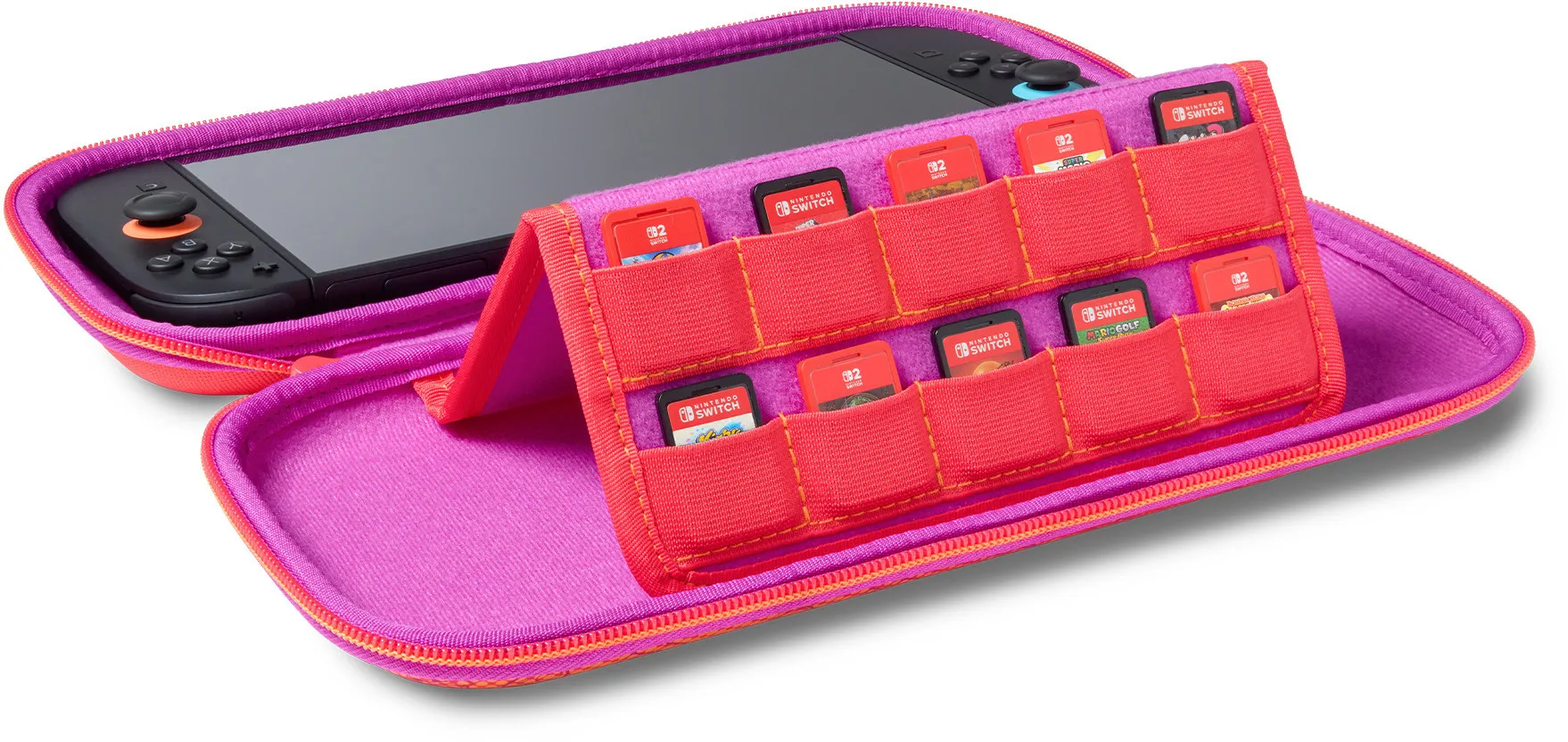 Ein offenes pink-oranges Switch-Etui mit Switch-Konsole und Spielkassetten. Das Etui hat einen roten Halter für Spiele.