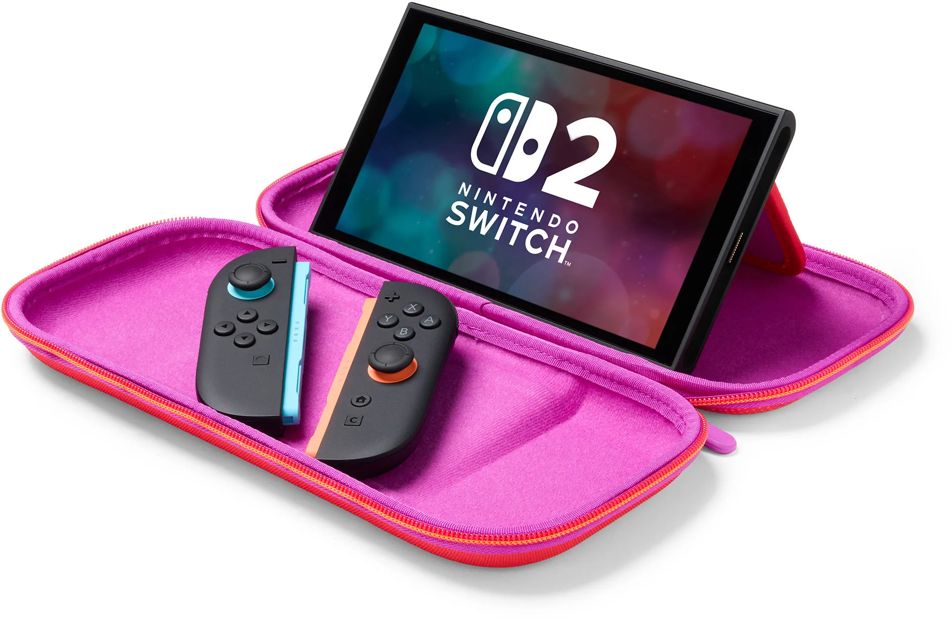 Nintendo Switch in einem pinken Etui mit Controllern und Bildschirm mit Logo. Das Etui hat einen roten Reißverschluss.