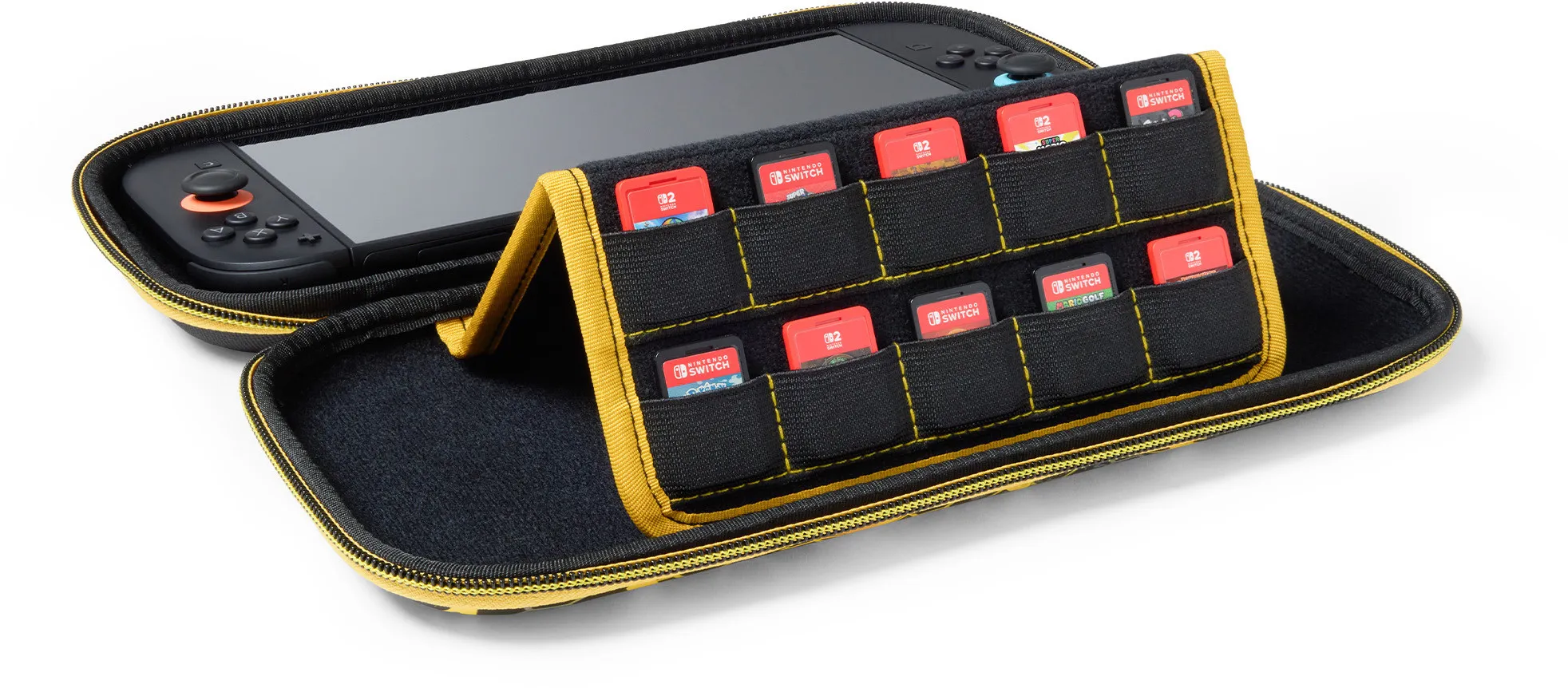 Offene Nintendo Switch-Hülle mit Konsole. Spielkassetten befinden sich in einem schwarz-gelben Organizer.