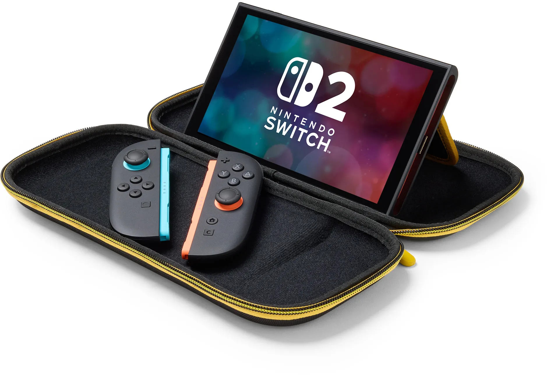 Nintendo Switch in einem schwarzen Koffer mit Controllern. Der Bildschirm zeigt das Nintendo Switch-Logo.