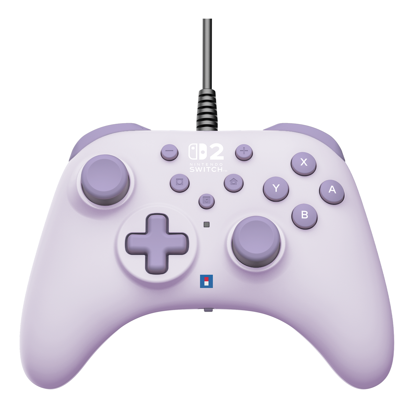 Une manette Nintendo Switch violet clair avec un câble noir. Boutons: plus, moins, X, Y, A, B et une croix directionnelle.