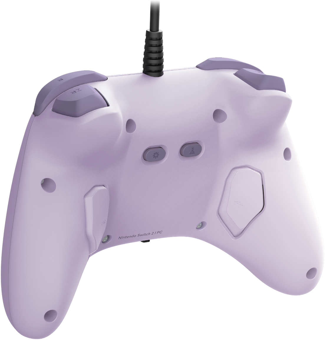 Une manette Nintendo Switch violette avec des boutons gris et un câble noir. Elle a une finition lisse avec le texte Nintendo Switch.